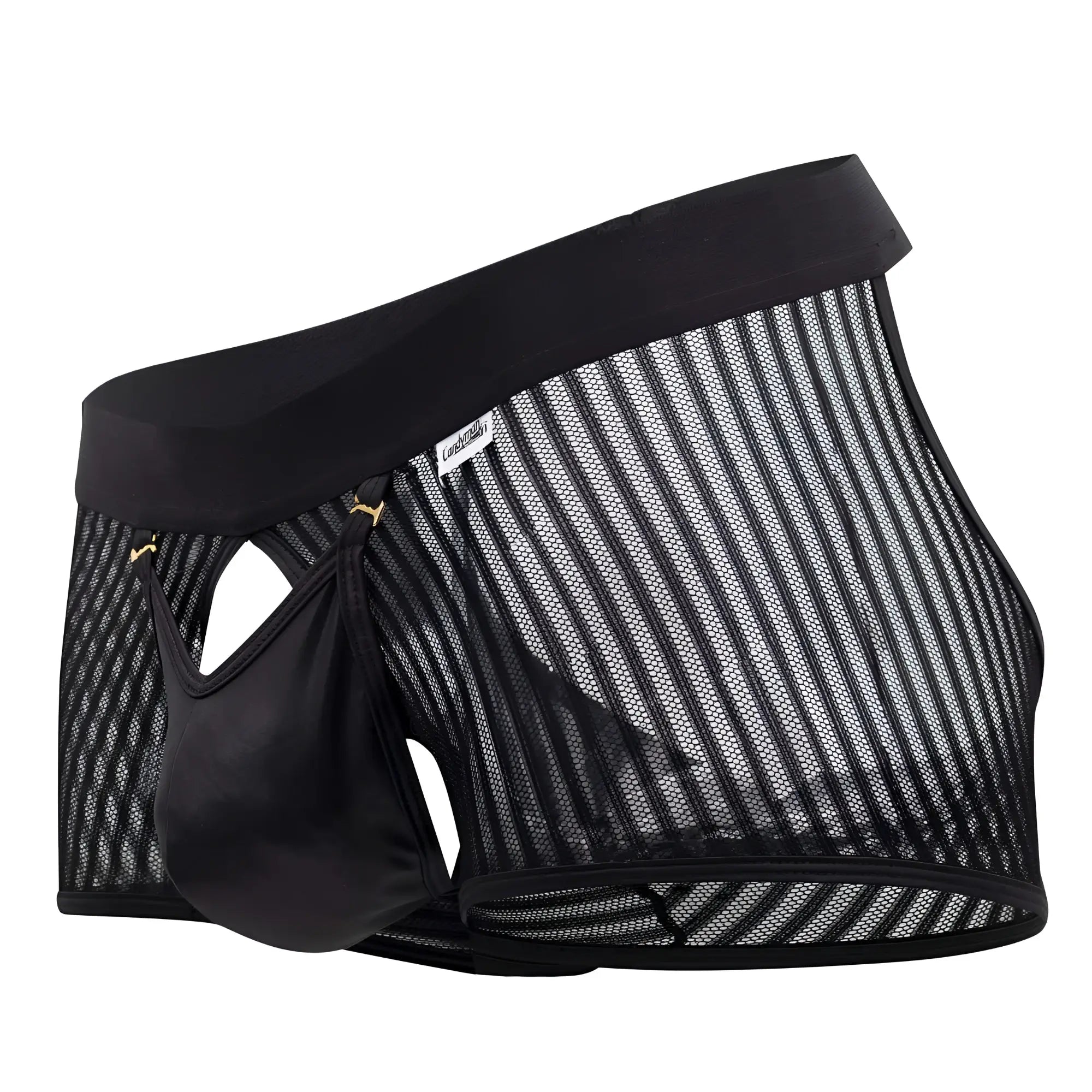 Candyman 99636 mesh trunks in black feature breathable mesh briefs with a solid waistband and satin-like pouch