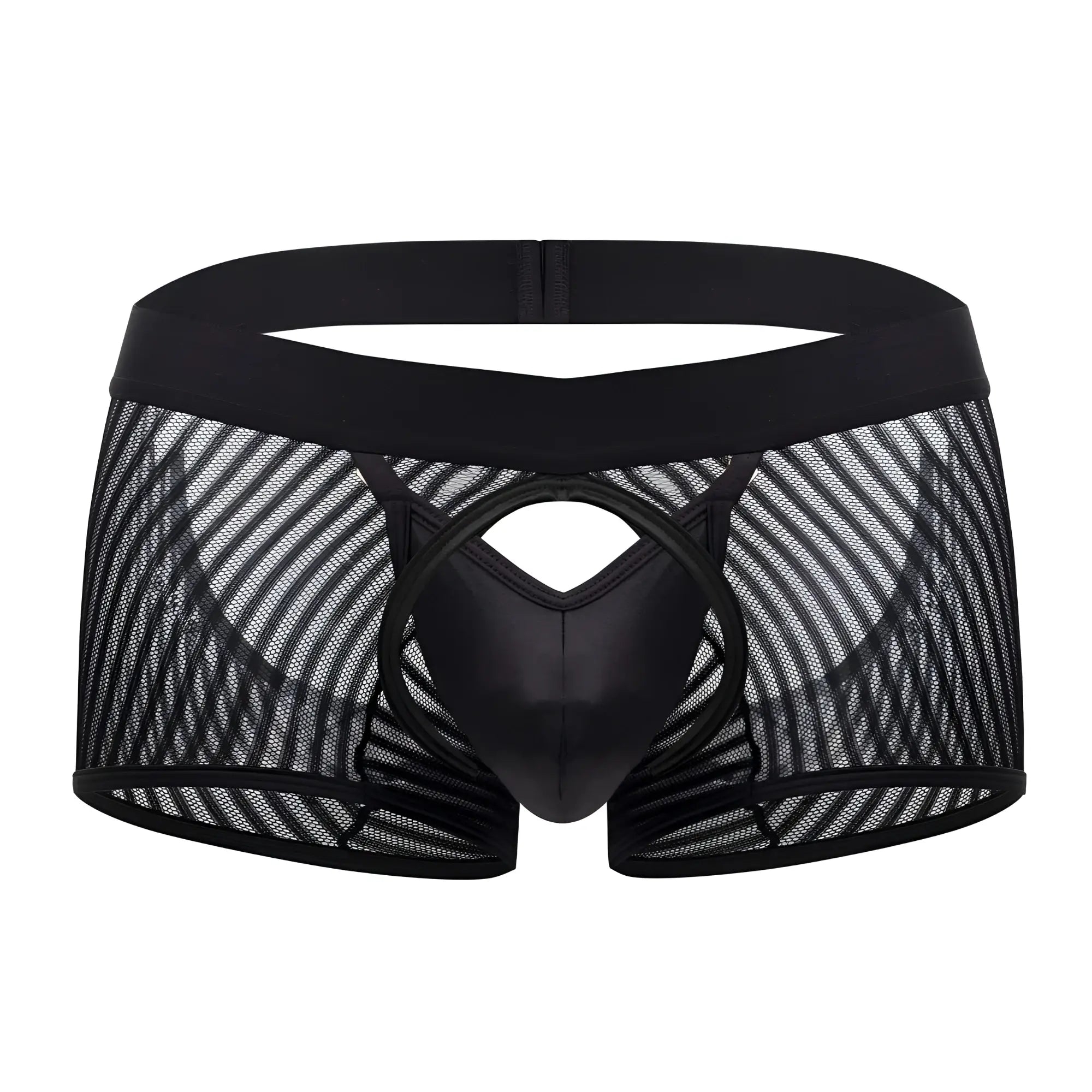 Black mesh briefs with a solid black glossy center panel and elastic waistband candyMan 99636 mesh trunks black