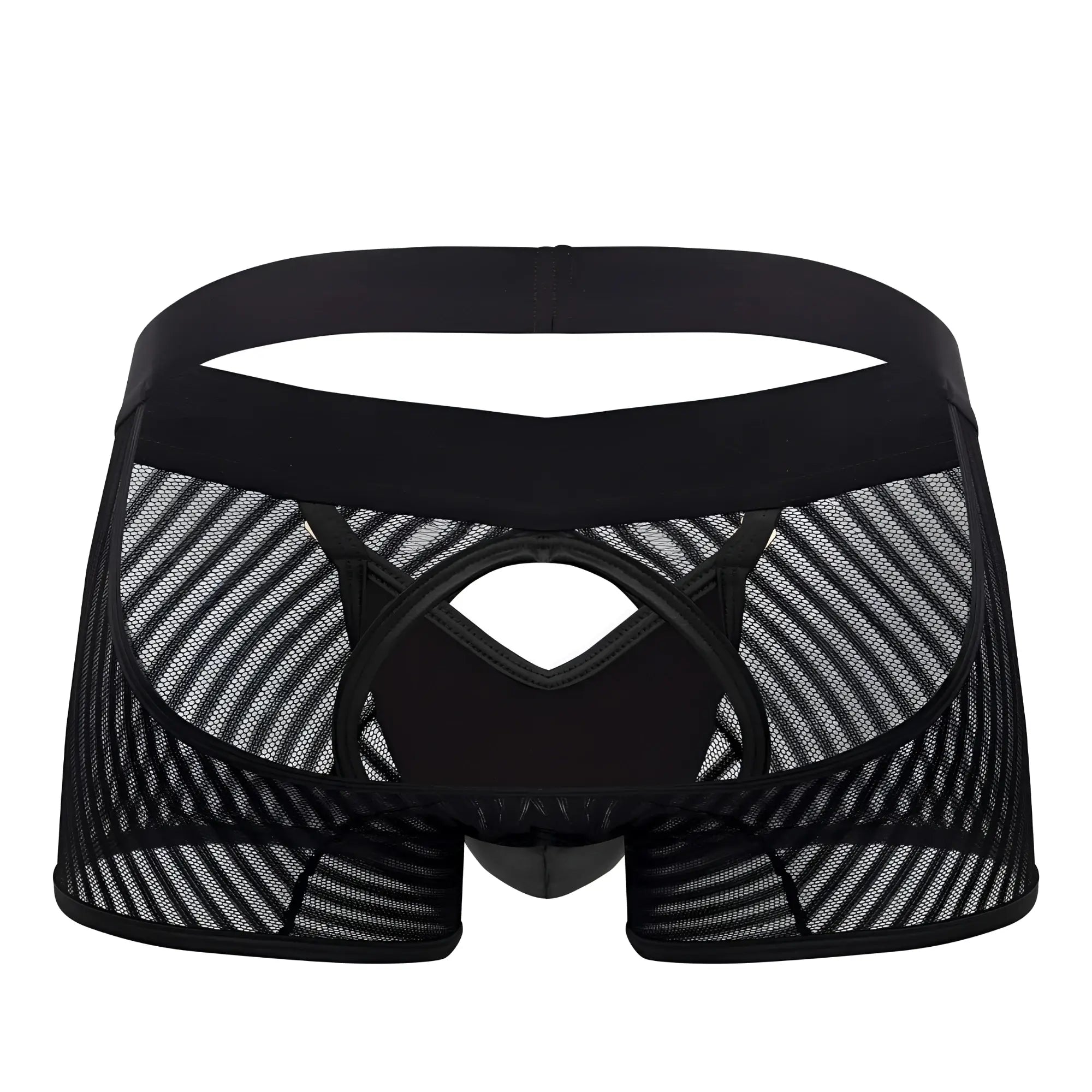 Black mesh briefs with solid black waistband and reinforced stitching candyMan 99636 mesh trunks in black