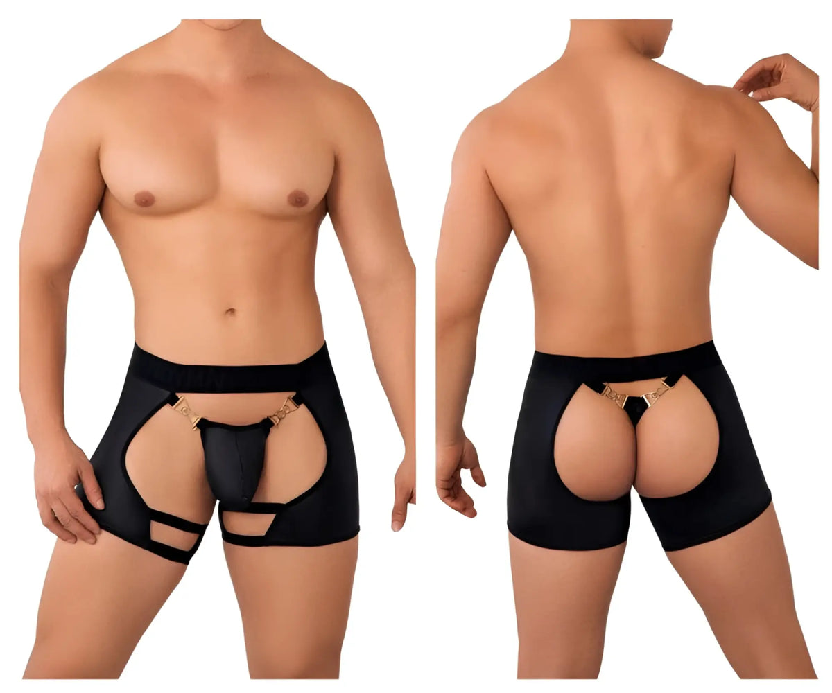 Candyman 99637 chaps thongs black men’s briefs with gold-tone metal accents and cut-out design shown from the back