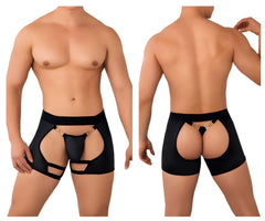 Candyman 99637 chaps thongs black men’s briefs with gold-tone metal accents and cut-out design shown from the back