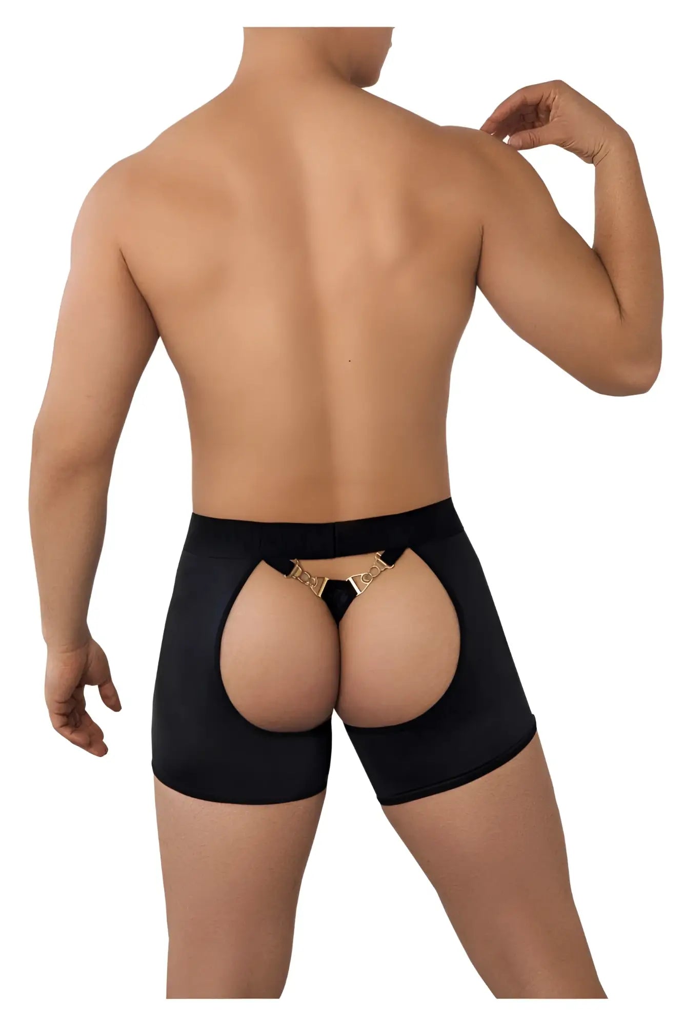 Black candyMan 99637 chaps thongs high-waisted briefs with gold-tone metallic clasp shown from the back
