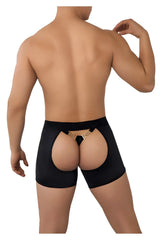 Black candyMan 99637 chaps thongs high-waisted briefs with gold-tone metallic clasp shown from the back