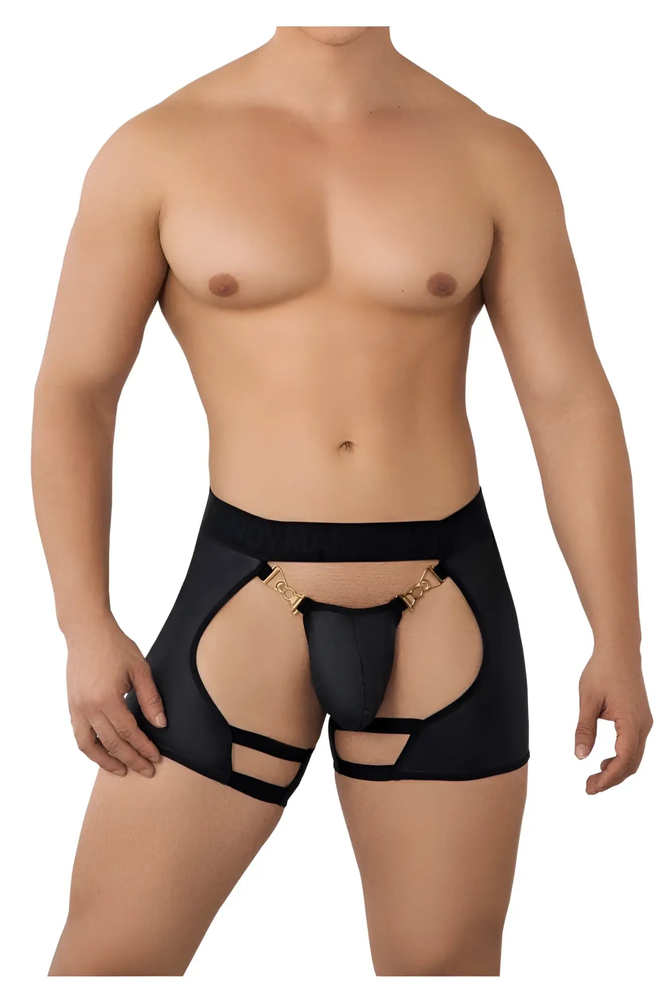 Black candyman 99637 chaps thongs with gold-tone metal clasps cut-out detailing form-fitting underwear