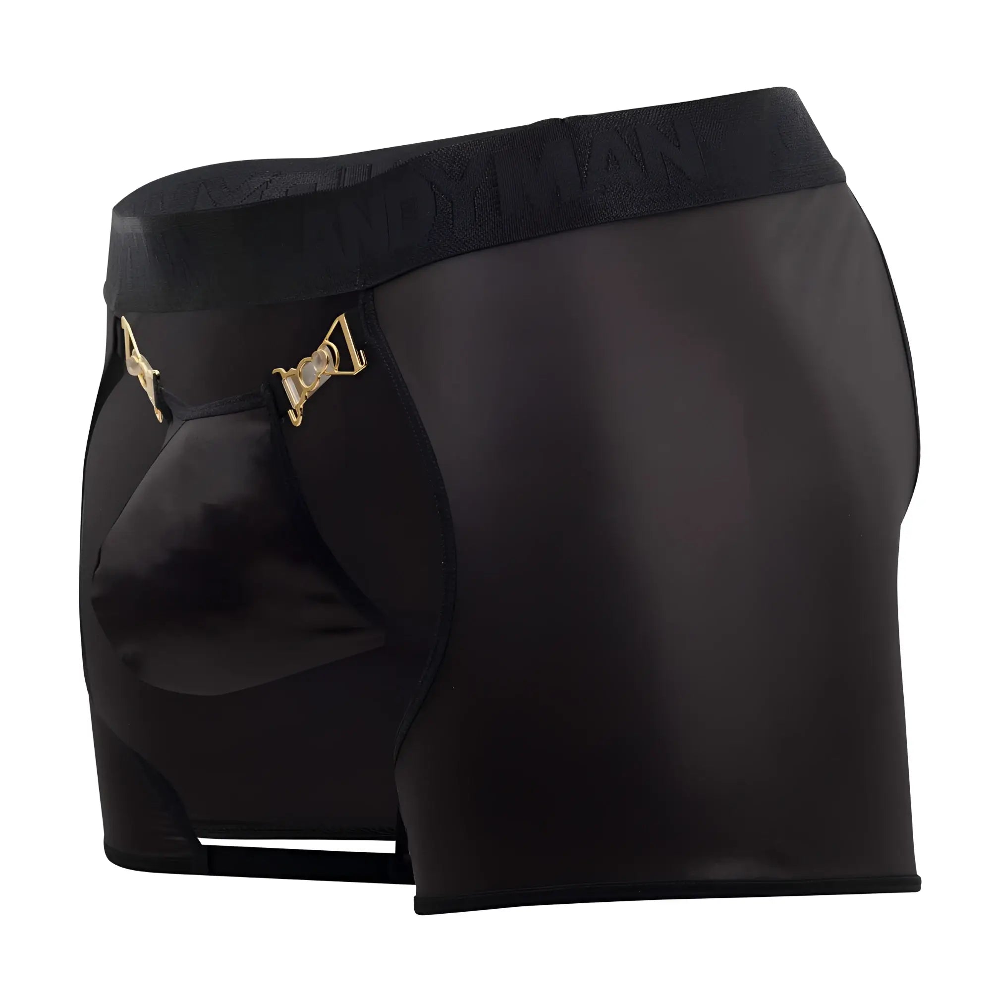 Black satin briefs with gold tone metal clasps and textured waistband from candyman 99637 chaps thongs in black