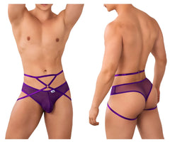 Purple mesh briefs with crisscross straps and a small brand tag candyMan 99640 mesh thong design