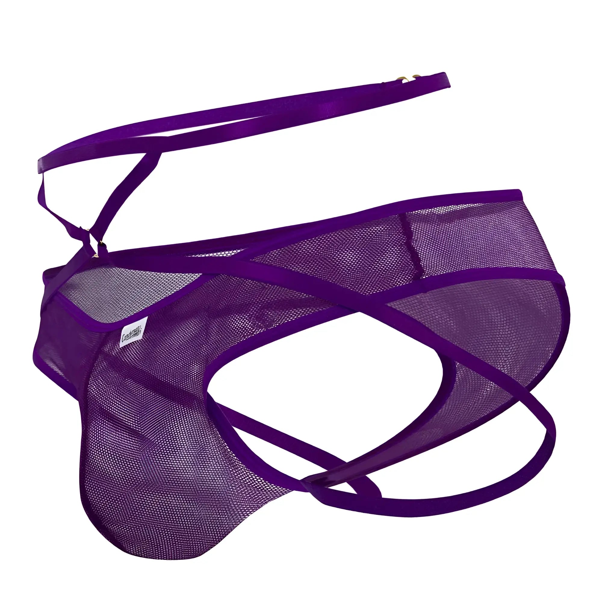 Purple candyman 99640 mesh thong with satin straps and branded tag showing front side