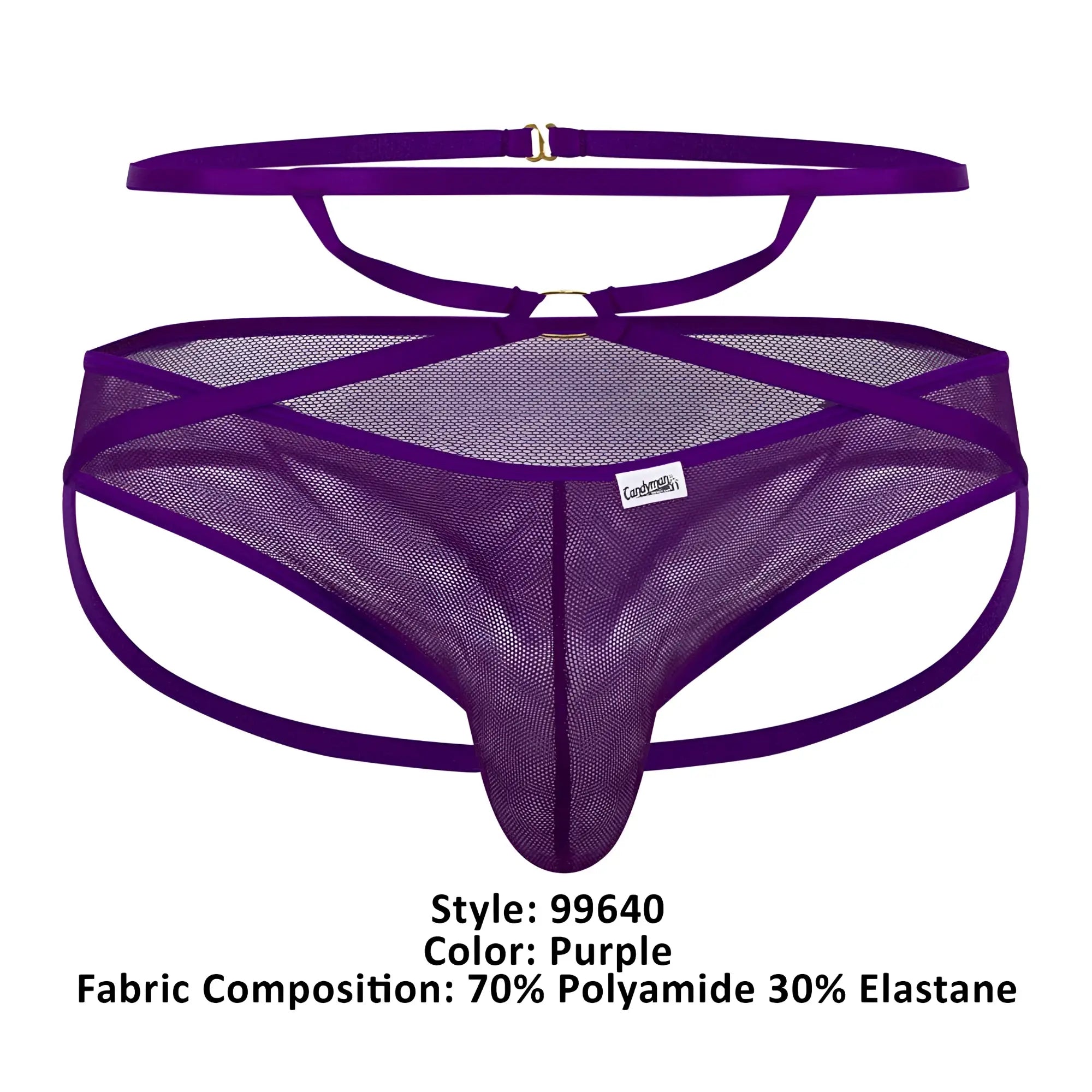 Purple mesh thong candyMan 99640 with crisscross design and adjustable straps shown from the back side