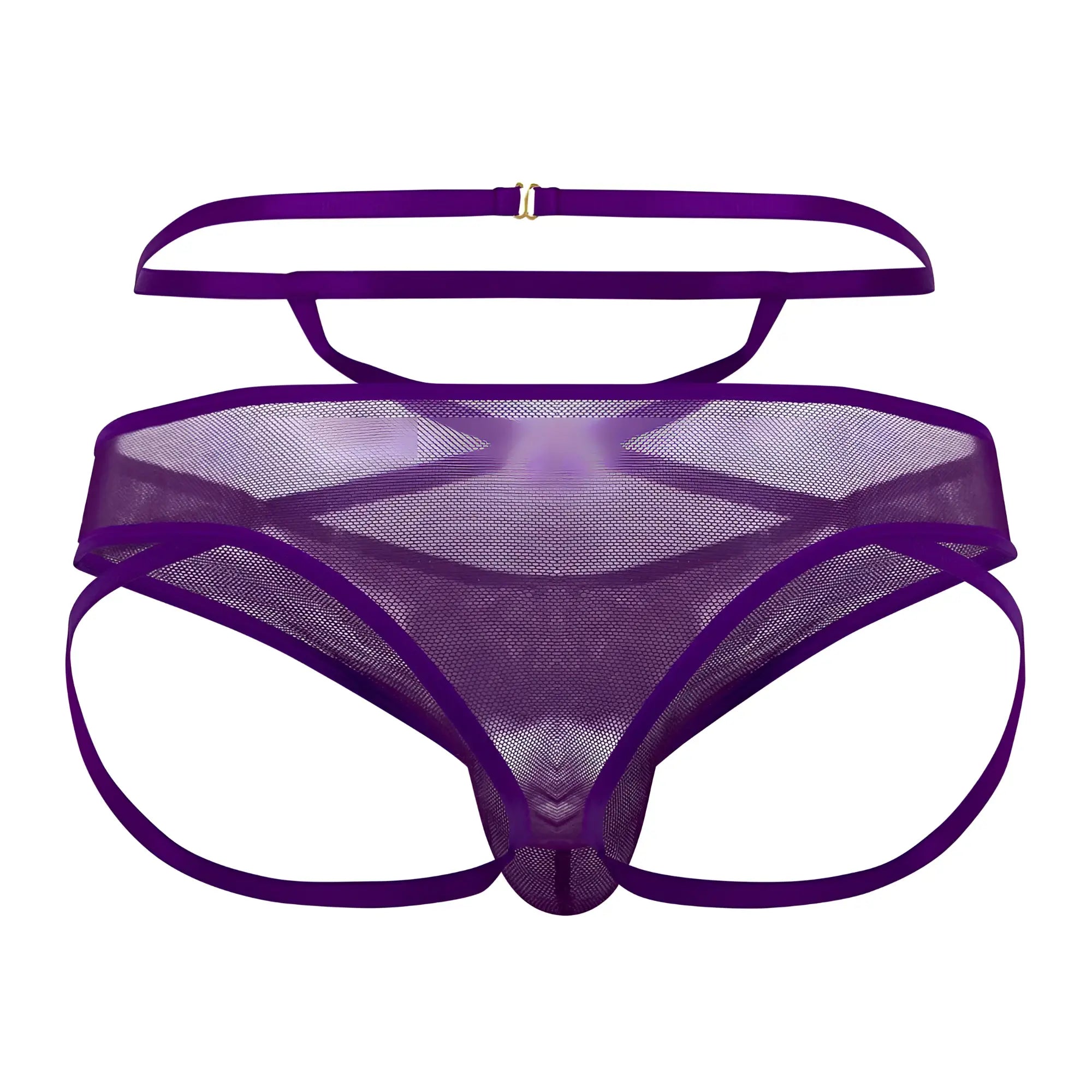 Purple candy man 99640 mesh thong with satin straps and metallic clasp showcasing front view design