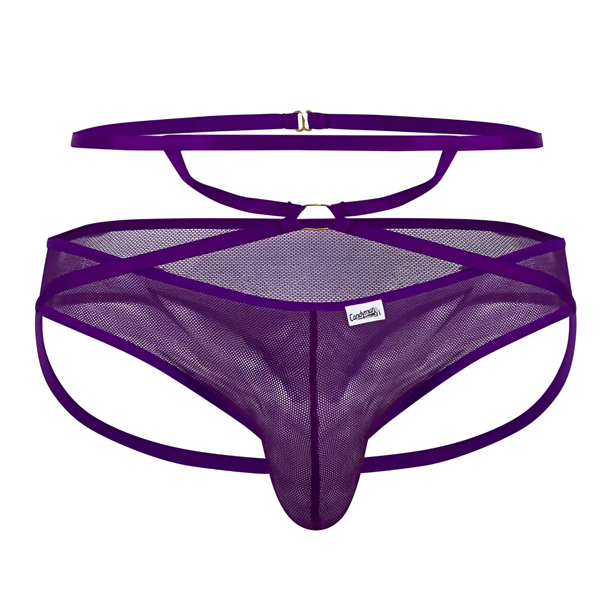 Purple CandyMan 99640 mesh thong with matching waistband adjustable straps and gold-toned hardware sleek design