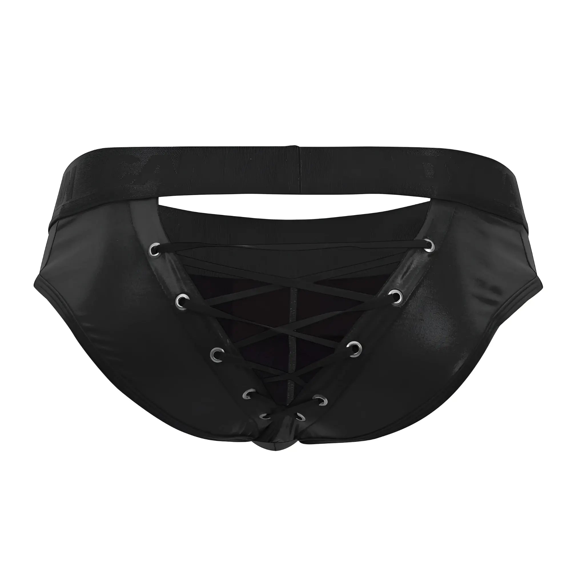 Candyman 99641 black patent leather lace-up briefs with silver grommets for edgy shorty style