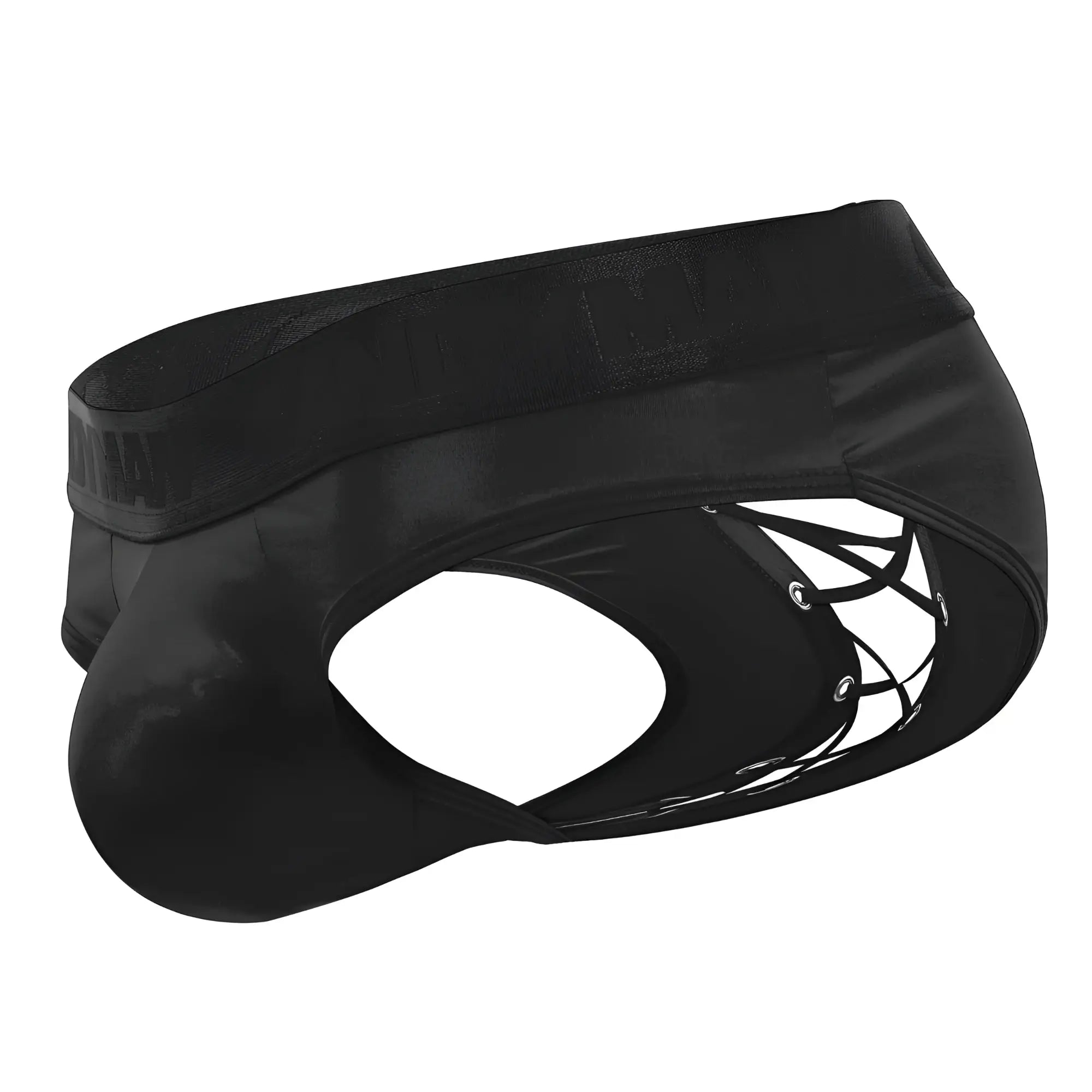 CandyMan 99641 shorty briefs in black satin-like fabric with lace-up design and elastic waistband for men