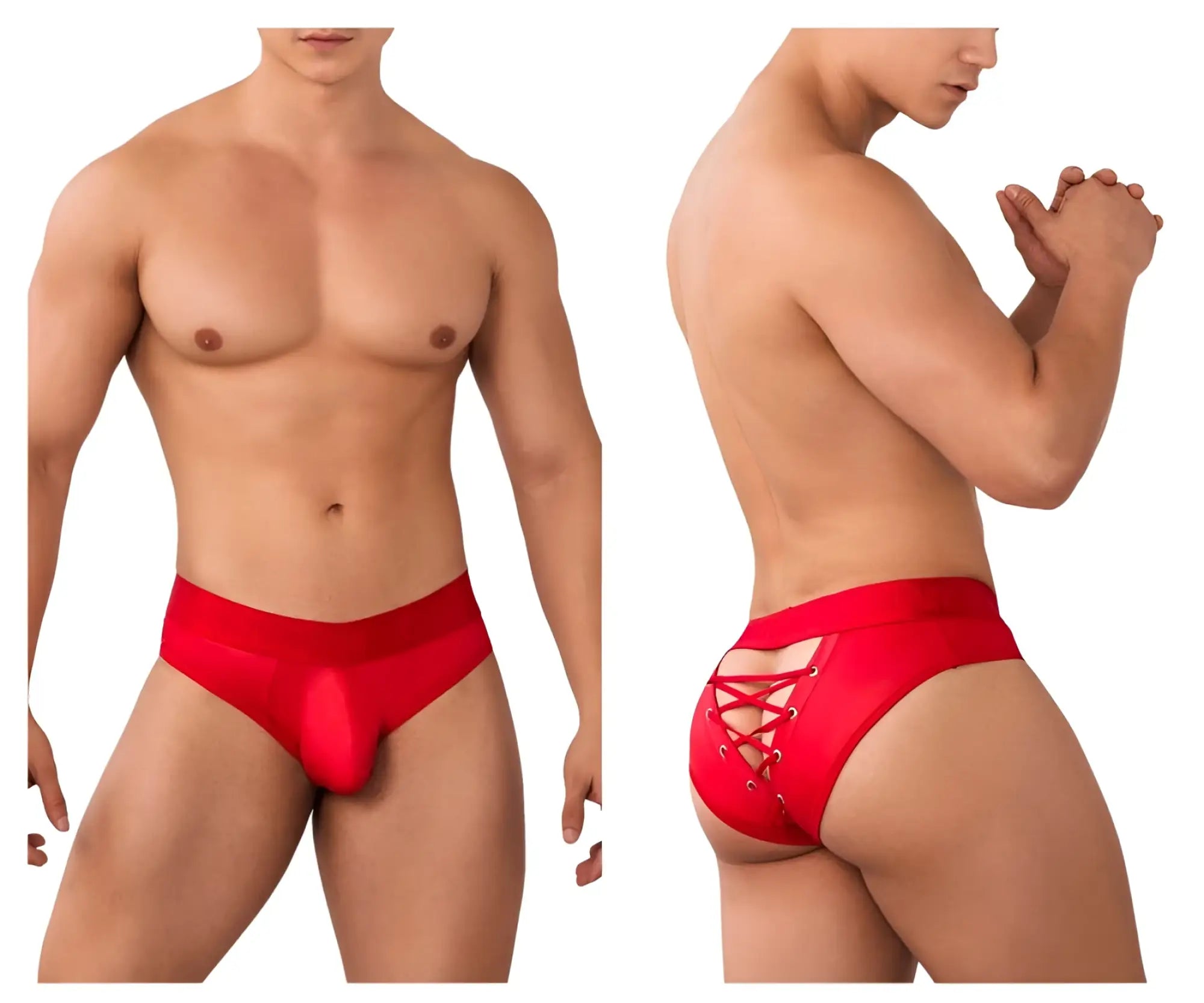 Red satin finish CandyMan 99641 shorty briefs with lace-up back detailing for men