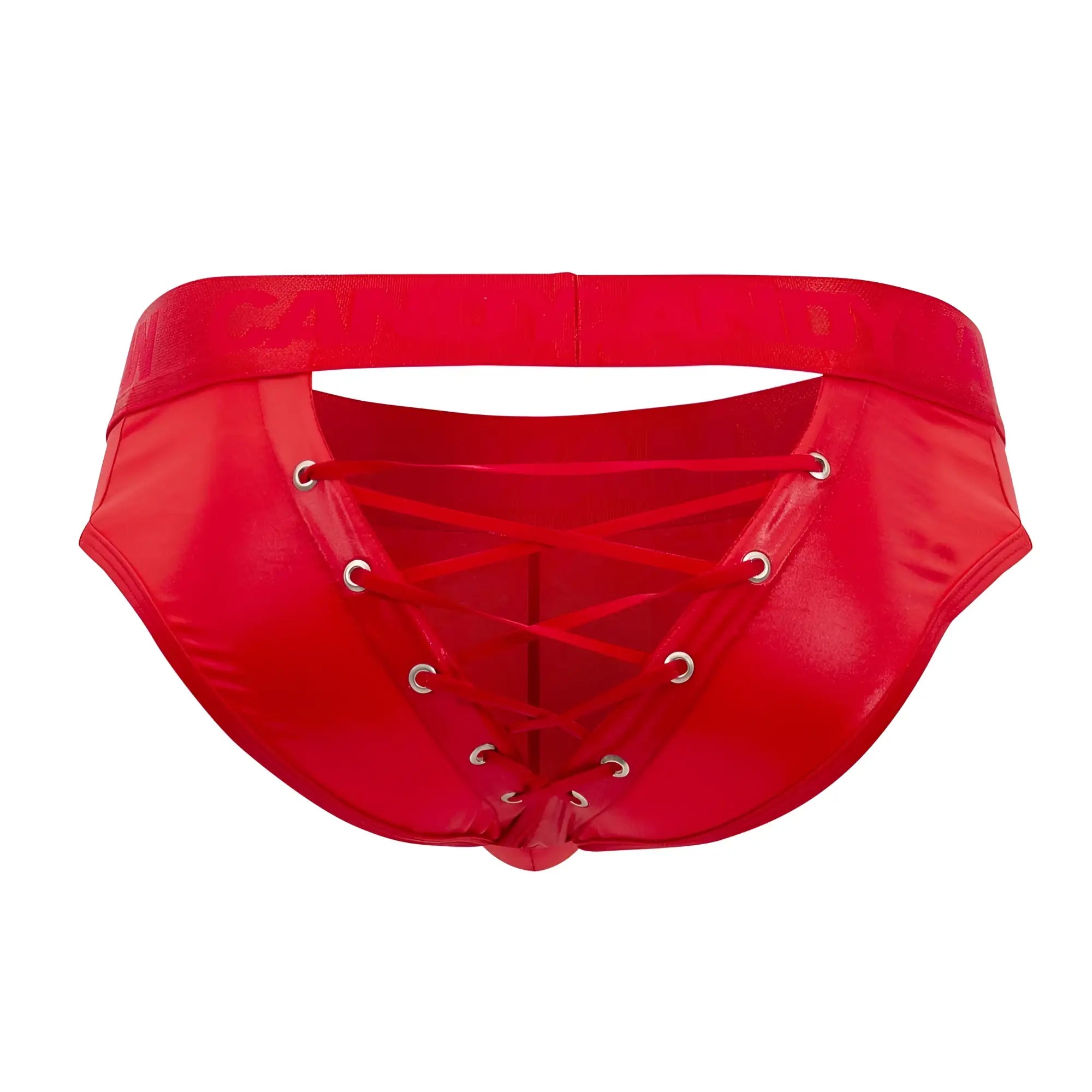 Candyman 99641 shorty briefs in red patent leather with lace-up design and silver grommets