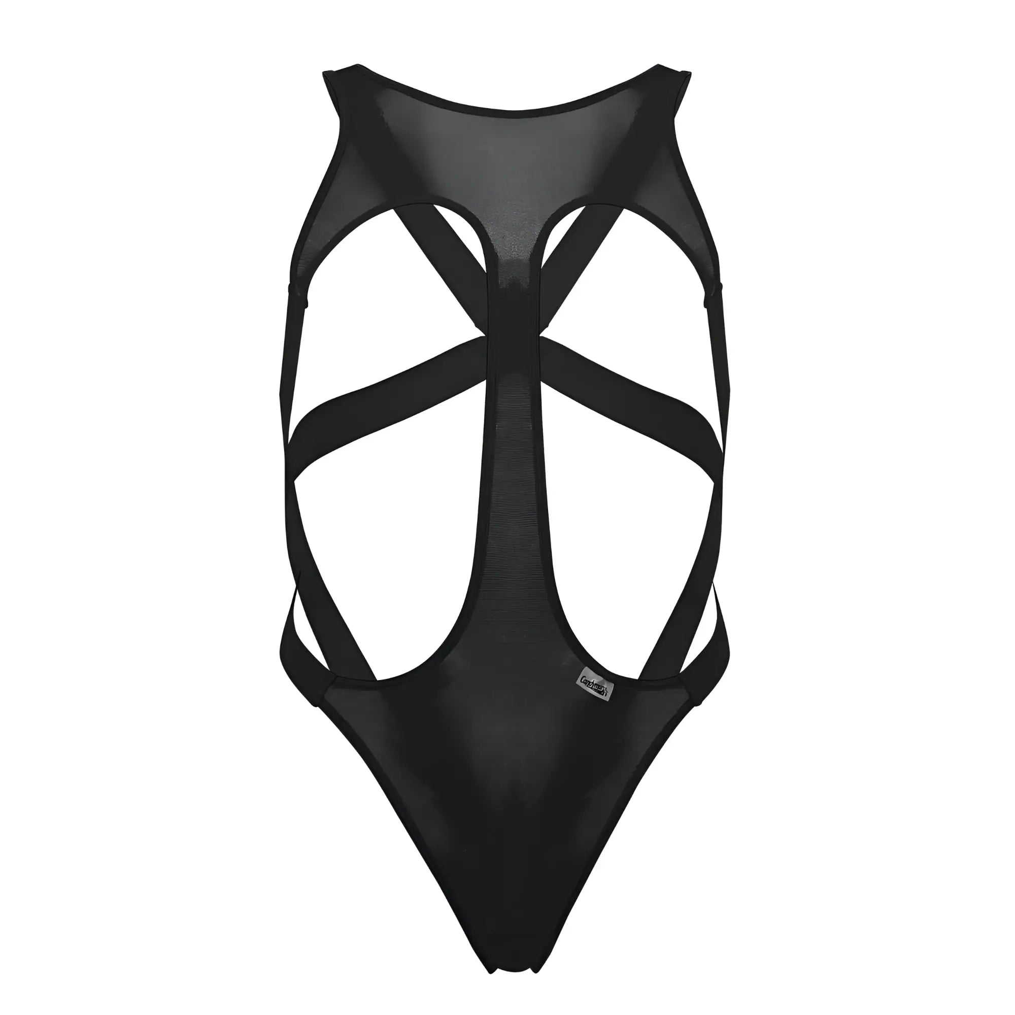Black mesh one-piece swimsuit with crisscross strap design candyMan 99643 mesh bodysuit in black