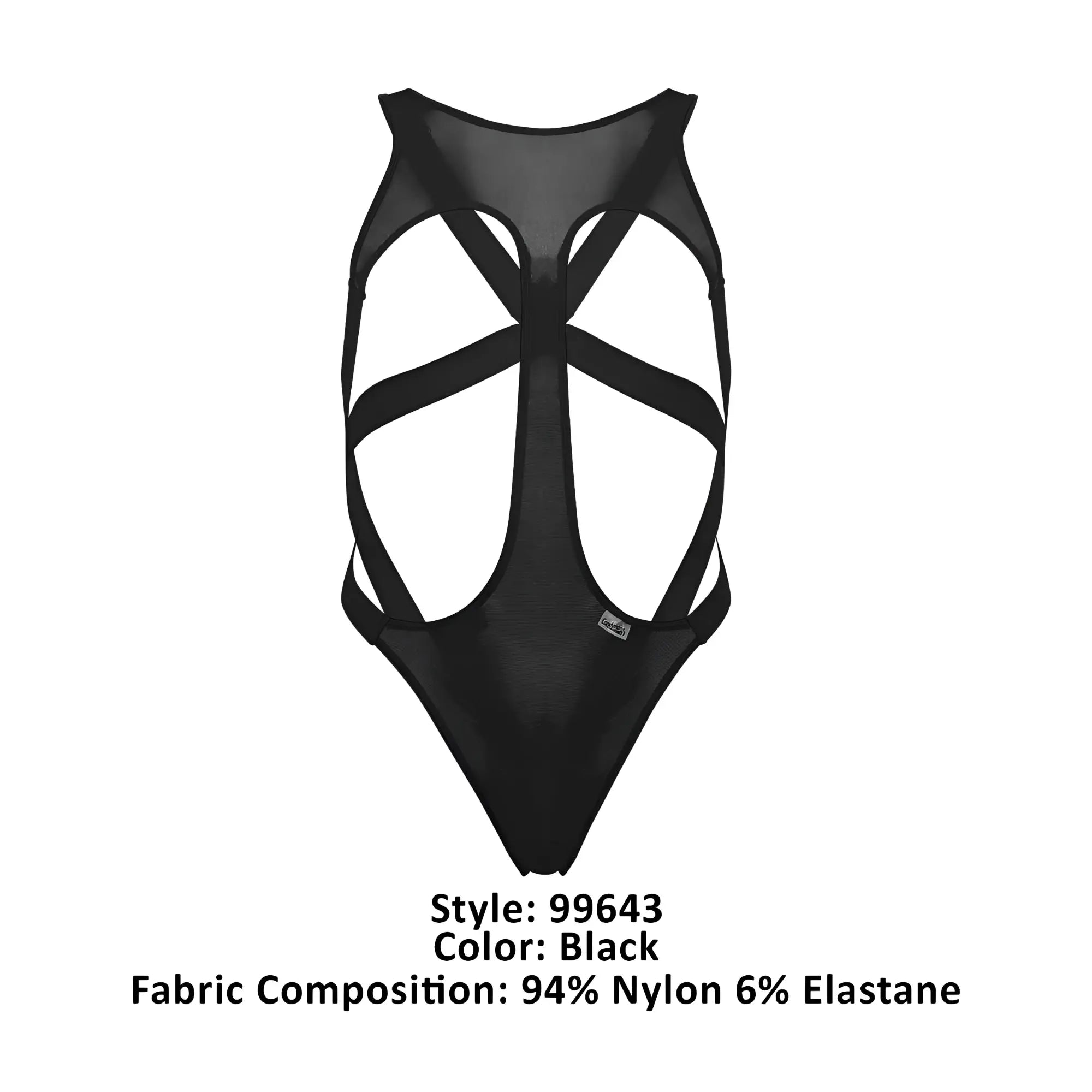 Black candyman 99643 mesh bodysuit with a sheer mesh back and crisscrossing elastic straps shown from back side