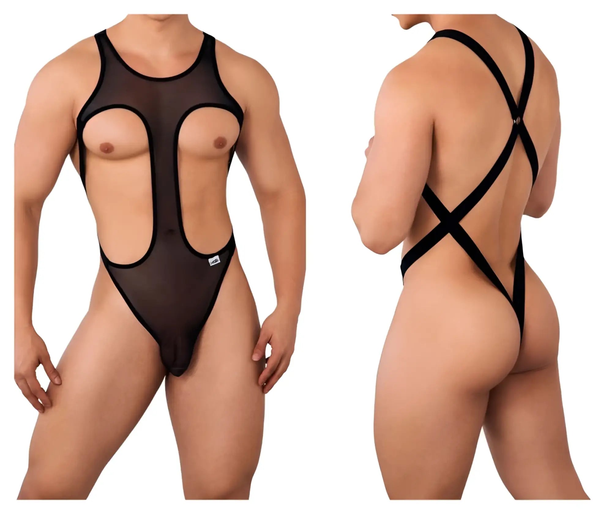 Black sheer mesh one-piece swimsuit with black elastic straps and cutouts candyMan 99643 mesh bodysuit color black