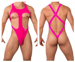 CandyMan 99643 hot pink sheer mesh one-piece swimsuit with front cutout and crisscross back straps back view