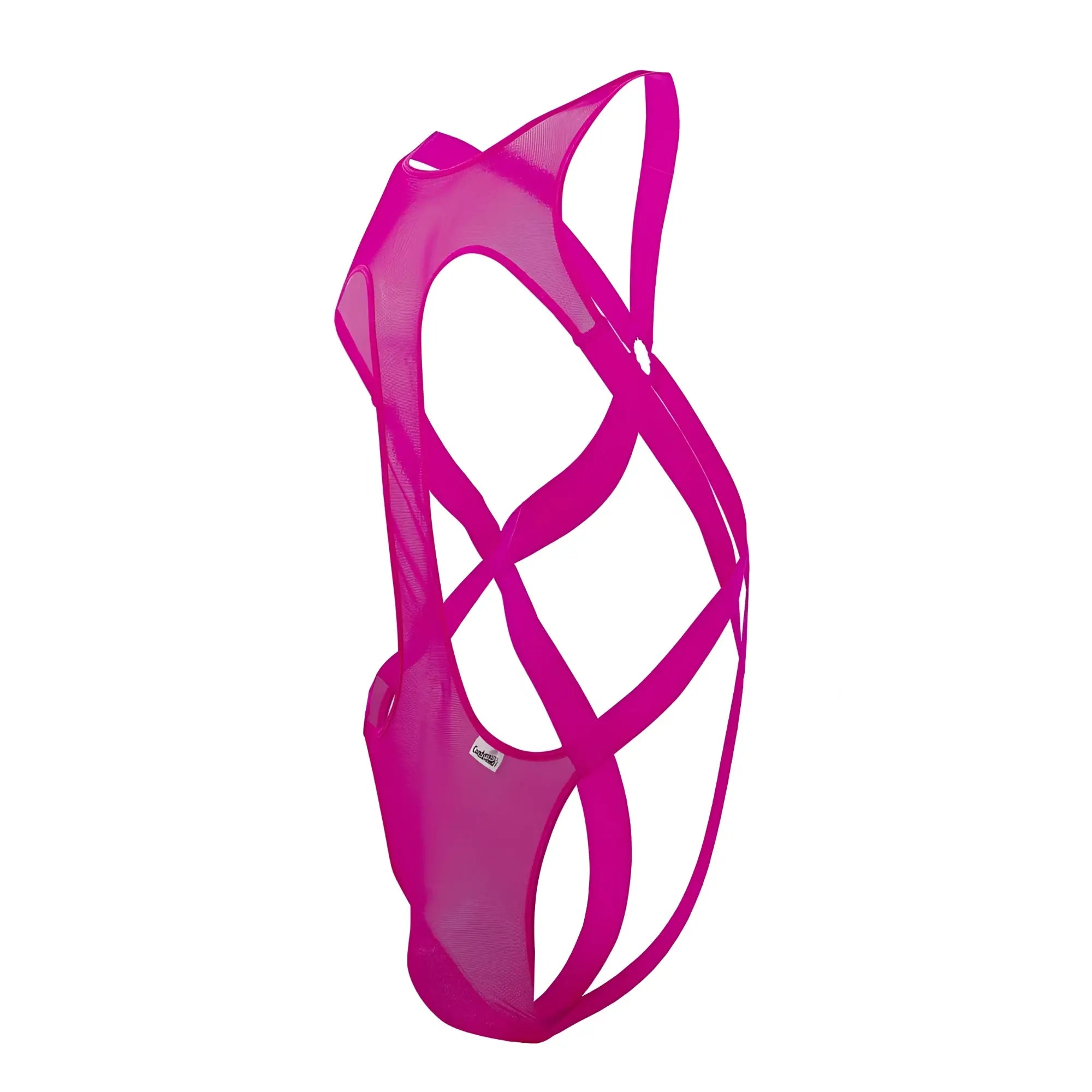 Fuchsia mesh strappy bodysuit with crisscross design in hot pink CandyMan 99643 mesh bodysuit front view