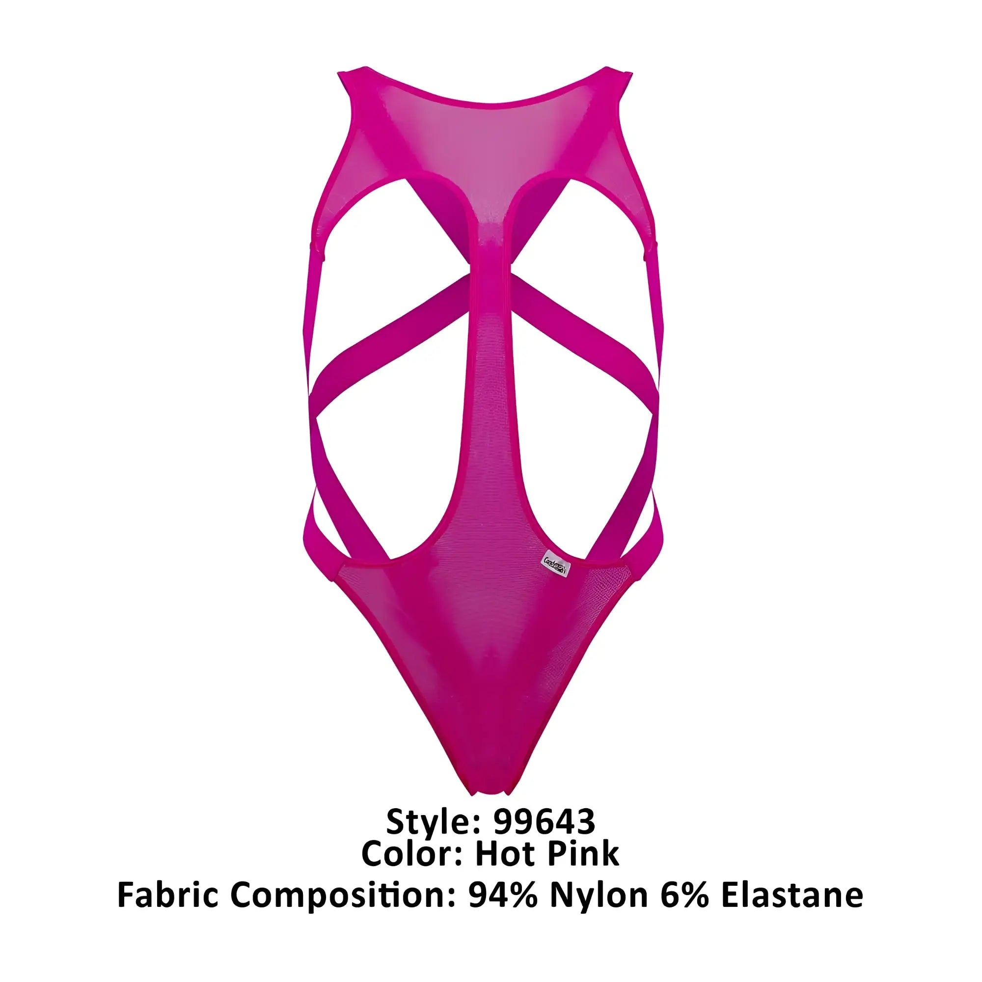 Hot pink candyMan 99643 mesh bodysuit one-piece swimsuit with crisscross strap design and mesh fabric