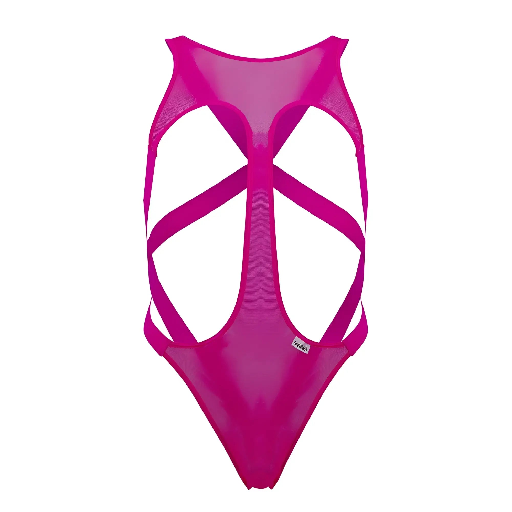 CandyMan 99643 hot pink mesh one-piece swimsuit with vibrant fuchsia color and bold crisscross strap design