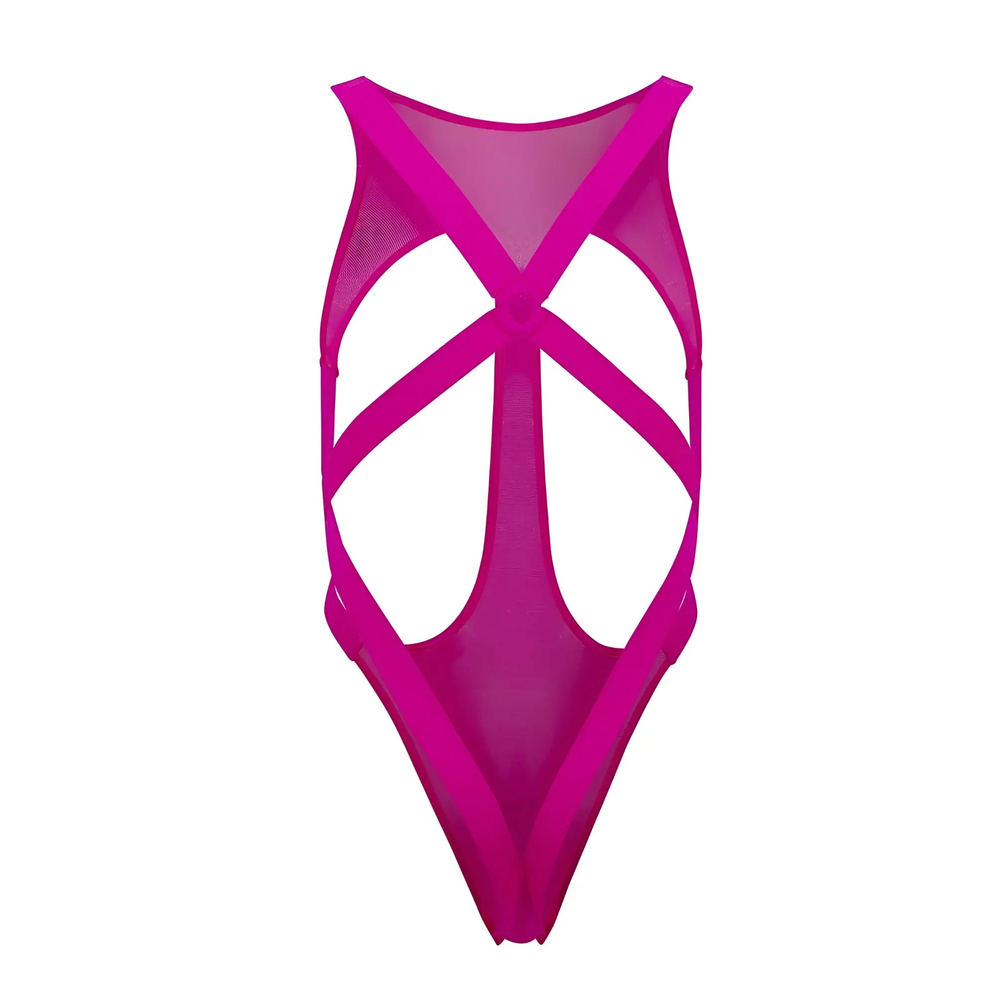 Back view of candyMan 99643 hot pink vibrant fuchsia mesh one-piece swimsuit with bold crisscross back design