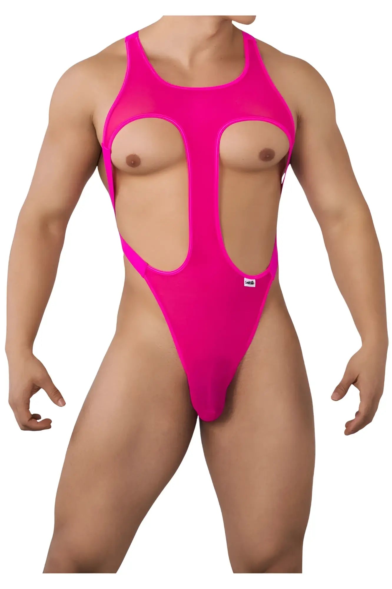 Vibrant hot pink candyMan 99643 mesh bodysuit with cutout design one-piece swimsuit in fuchsia mesh material