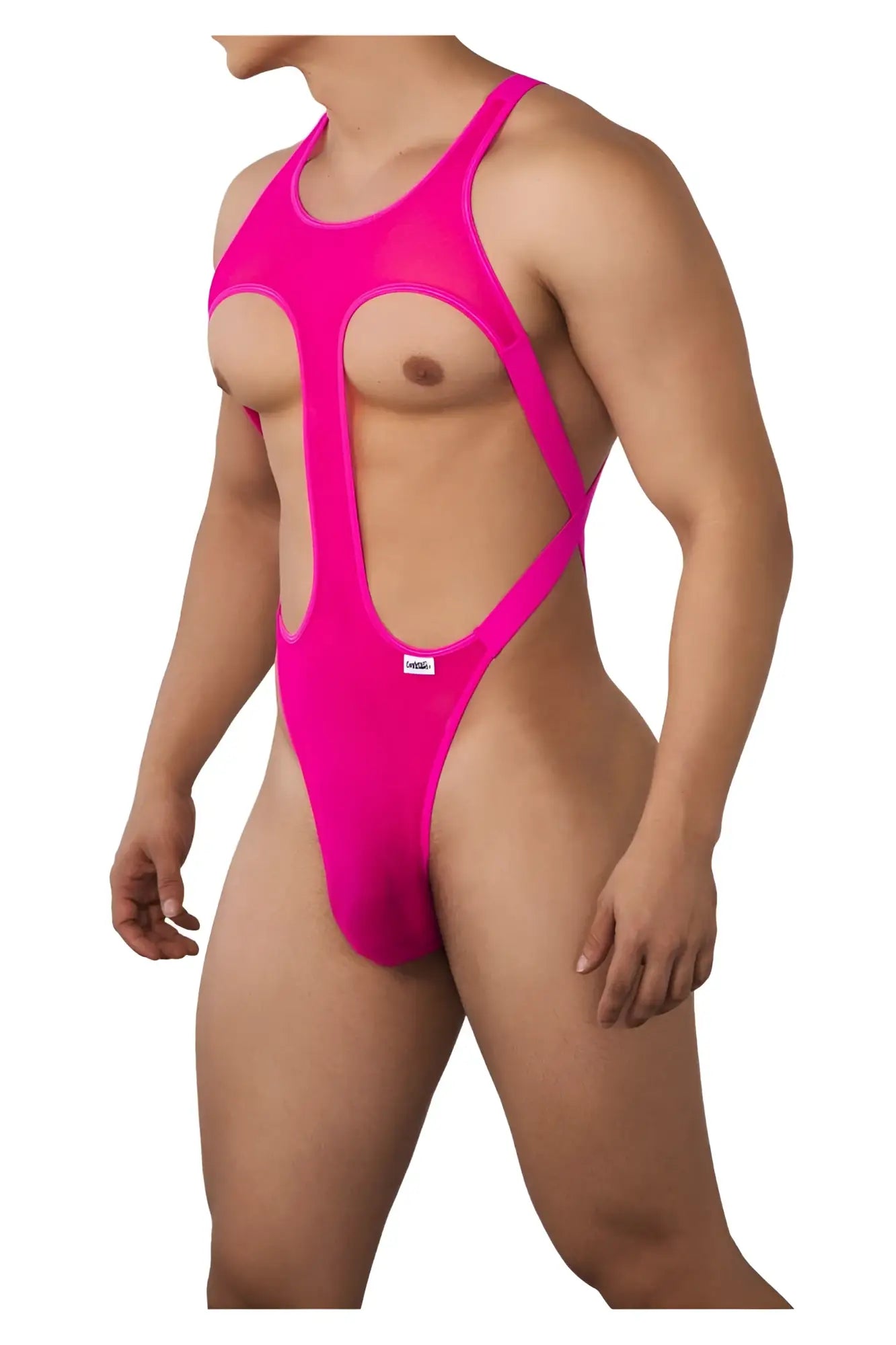 CandyMan 99643 mesh bodysuit hot pink vibrant sheer one-piece swimsuit with cutout design