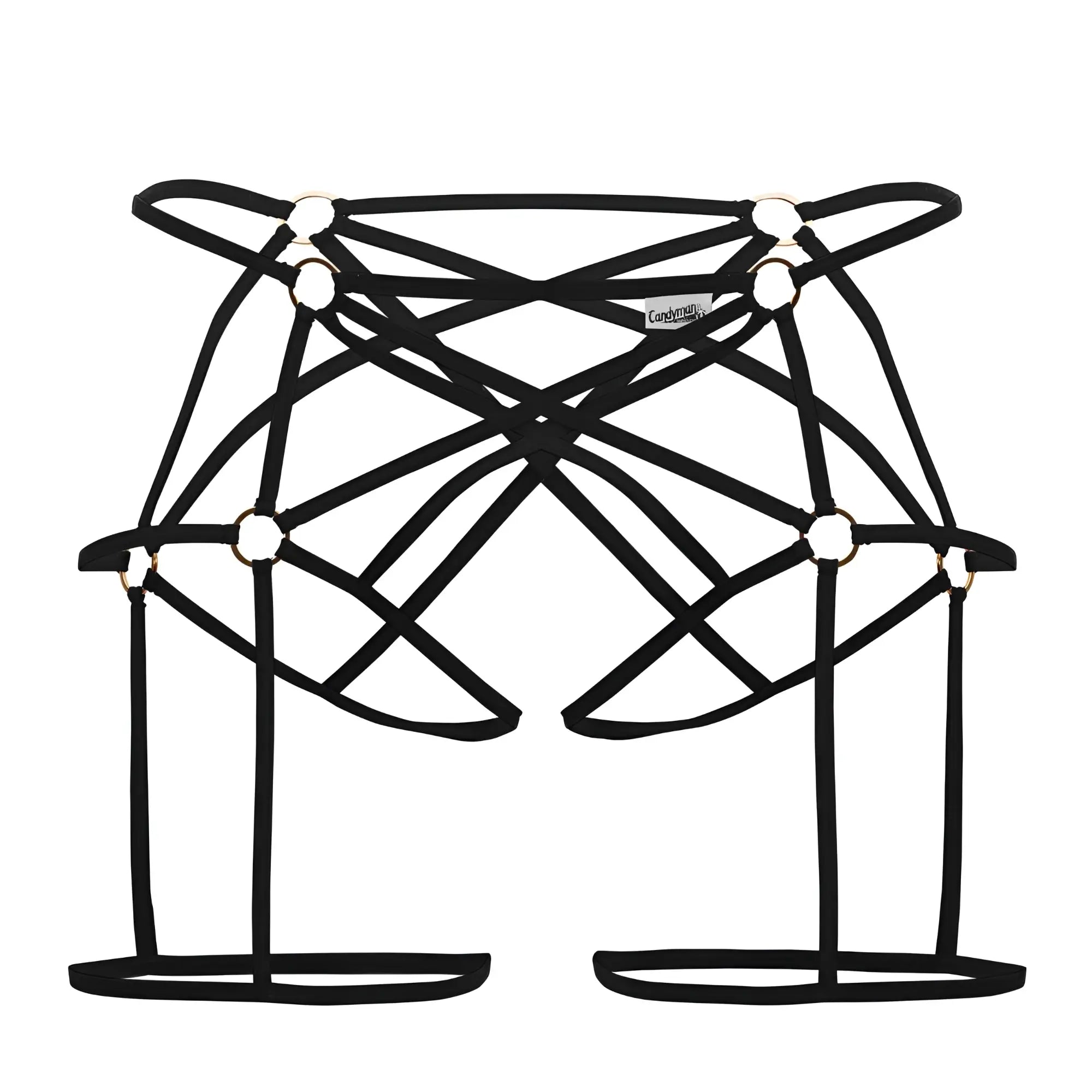 Black candyMan 99646 cage jockstrap with lace-up strappy harness and gold-toned rings in minimalist design