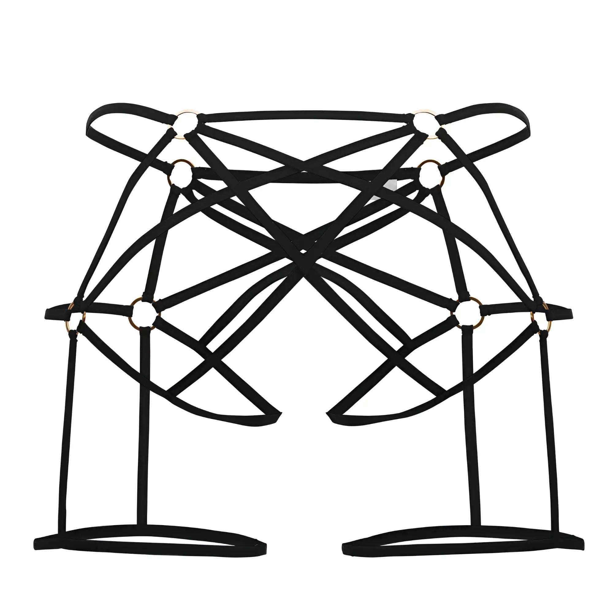 Black CandyMan 99646 cage jockstrap with strappy harness crisscross design and gold-toned metal rings