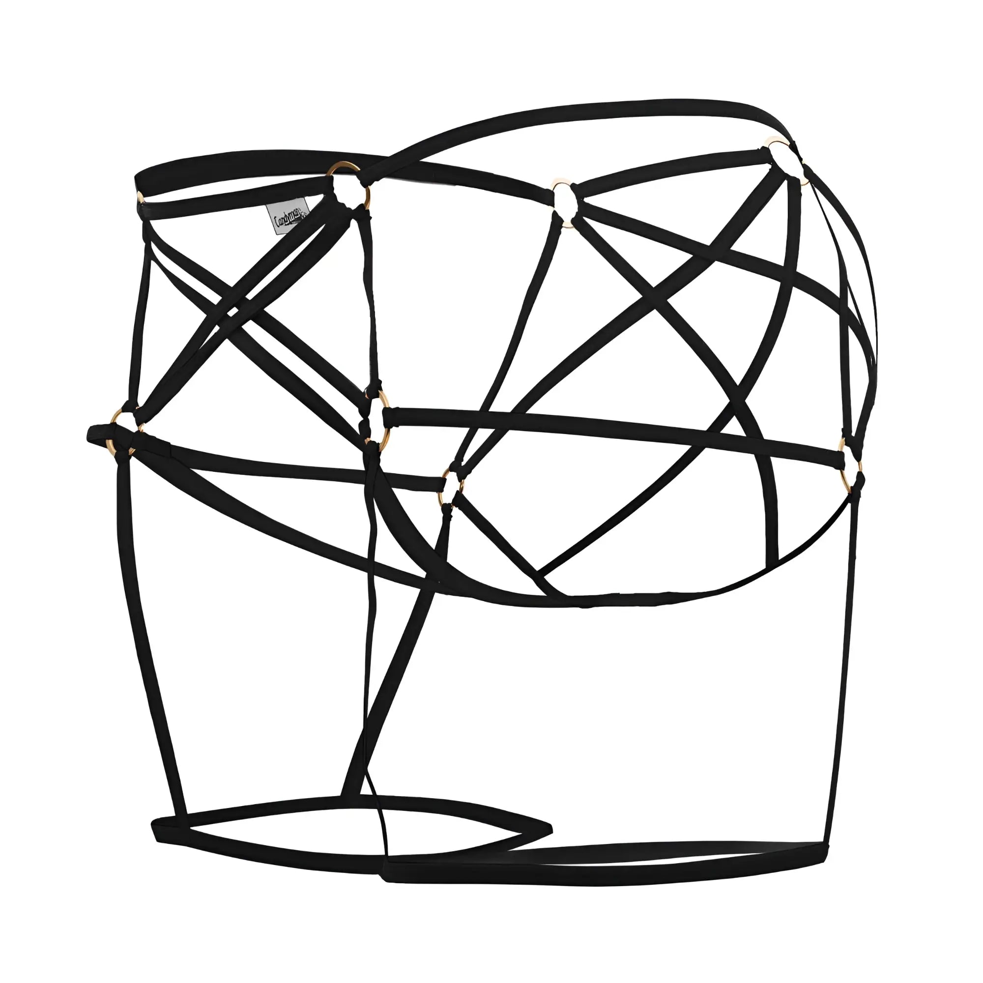 Black strappy harness cage jockstrap with gold toned metal rings from candyman in black color