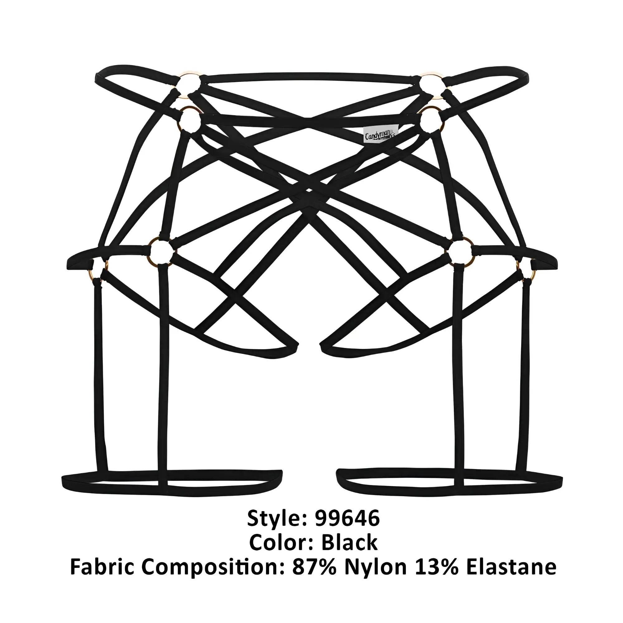 Black candyman 99646 cage jockstrap with strappy harness design metallic grommets made of nylon and elastane
