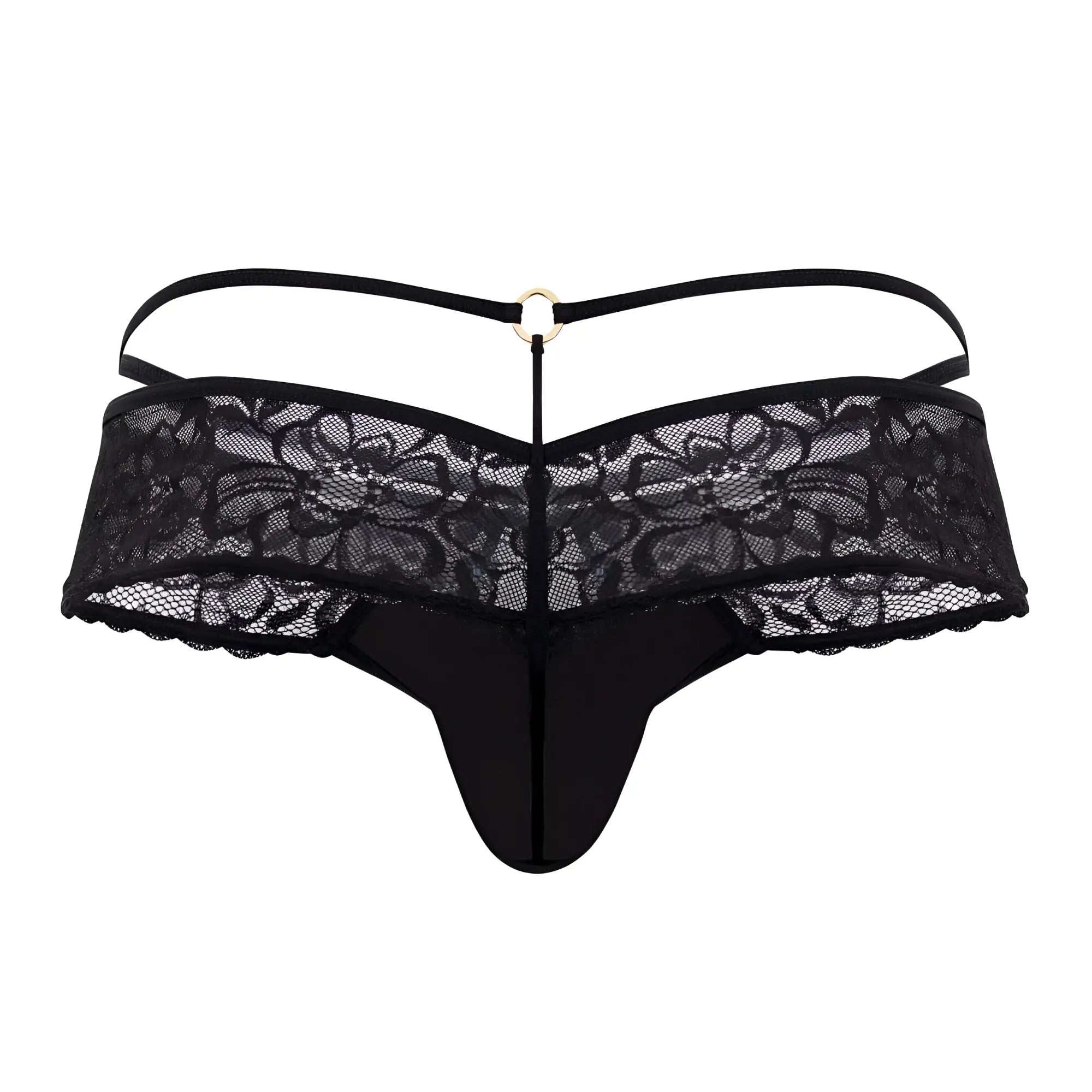 Black lace thong candyMan 99647 with a gold toned ring at the center of the backband shown from the back side
