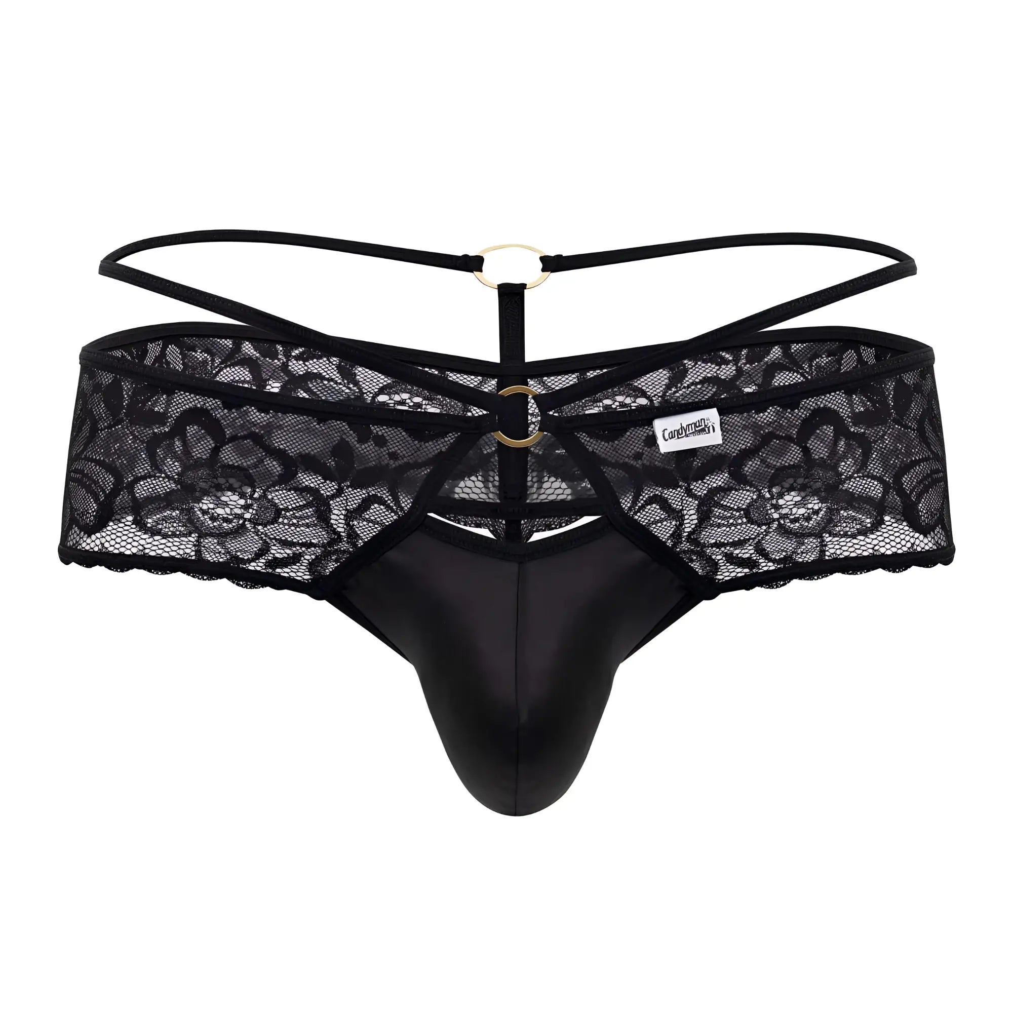 CandyMan 99647 black lace thong with satin front panel and gold toned metal rings for elegant lingerie wear