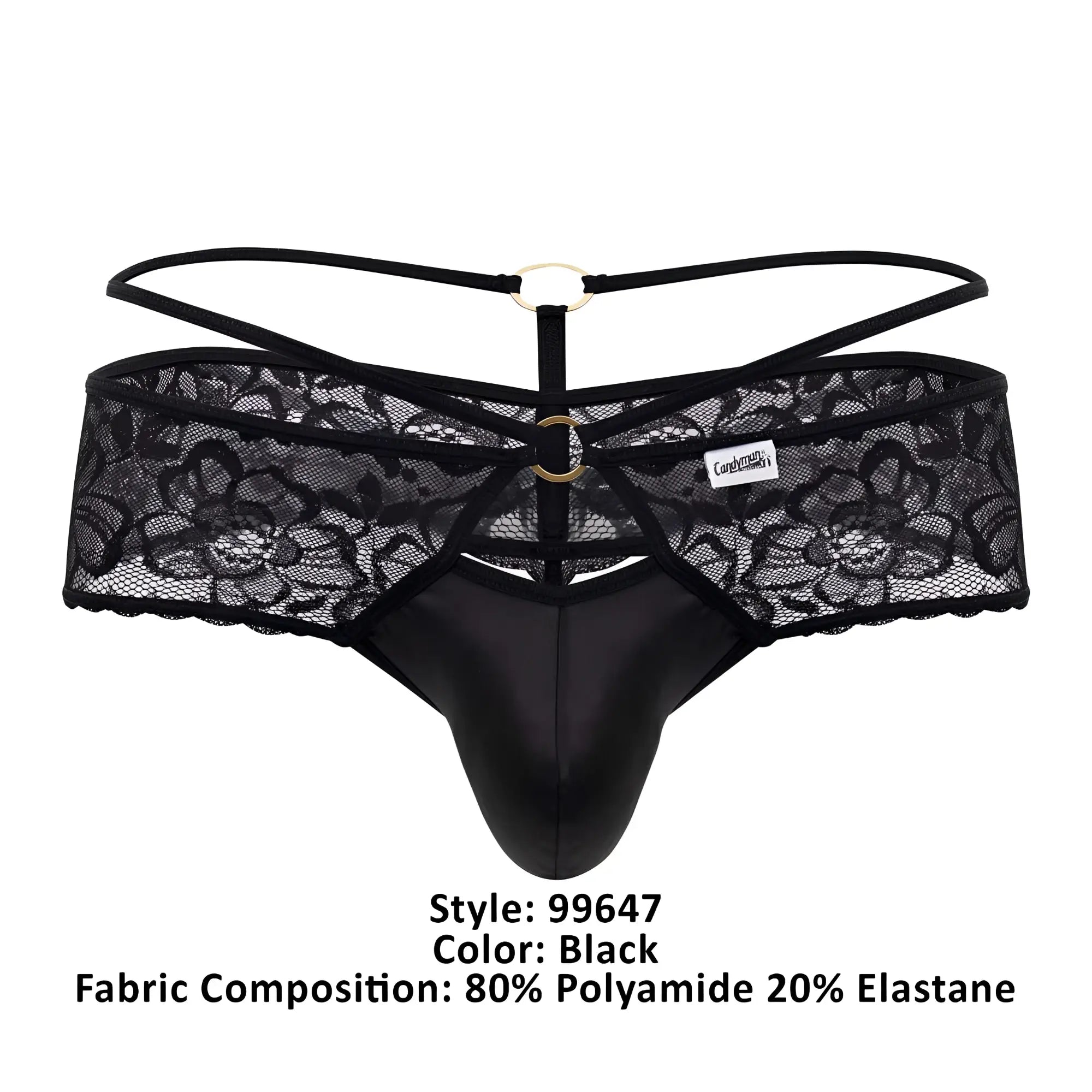 Black candy man 99647 lace thong with smooth glossy front panel and adjustable straps with gold toned rings