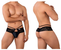 Black lace-trimmed thong with crisscross straps and central gold-tone clasp from Candyman 99647 lace thongs color black