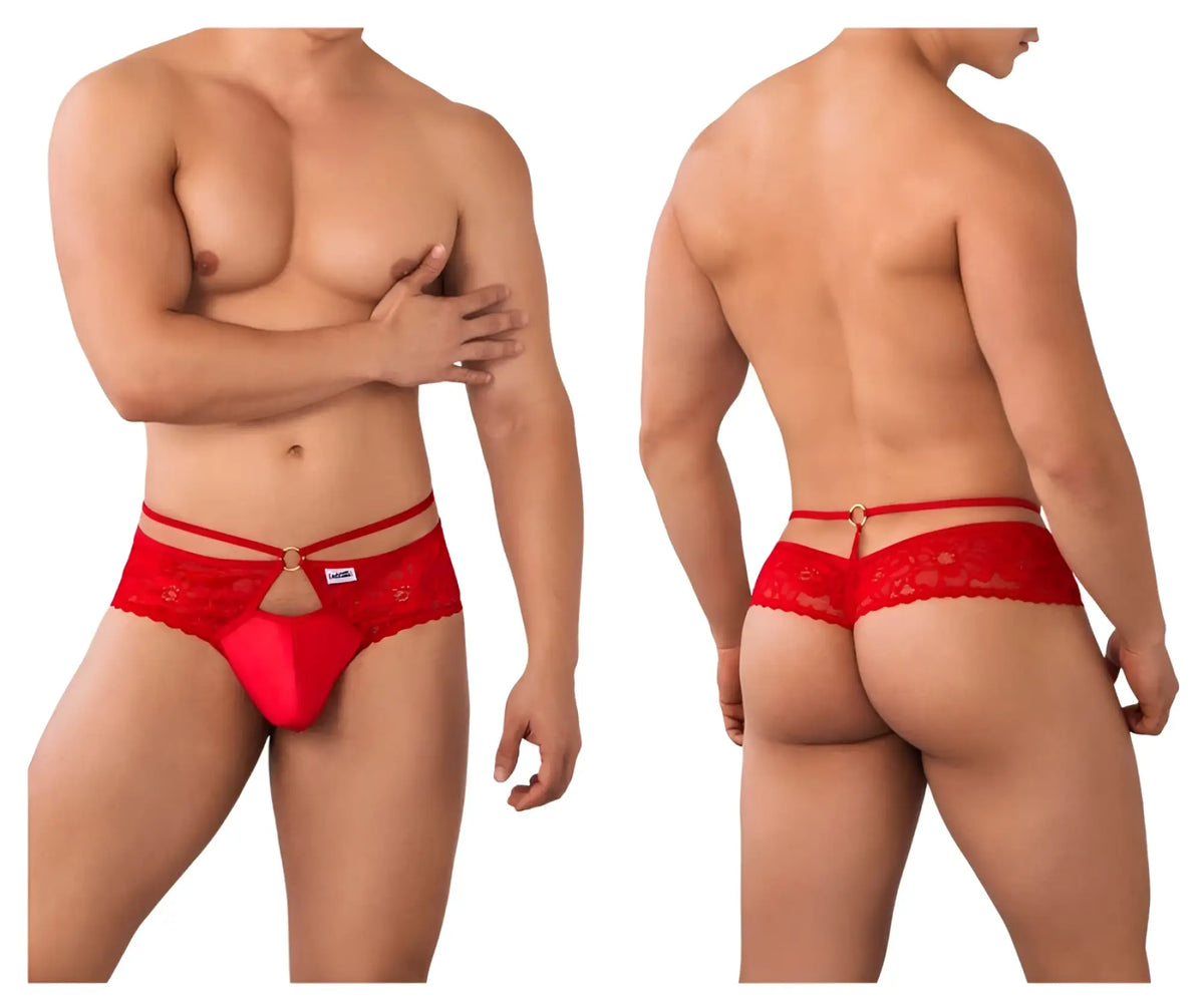 Red candy man lace thong 99647 featuring a central gold-tone clasp and decorative floral pattern