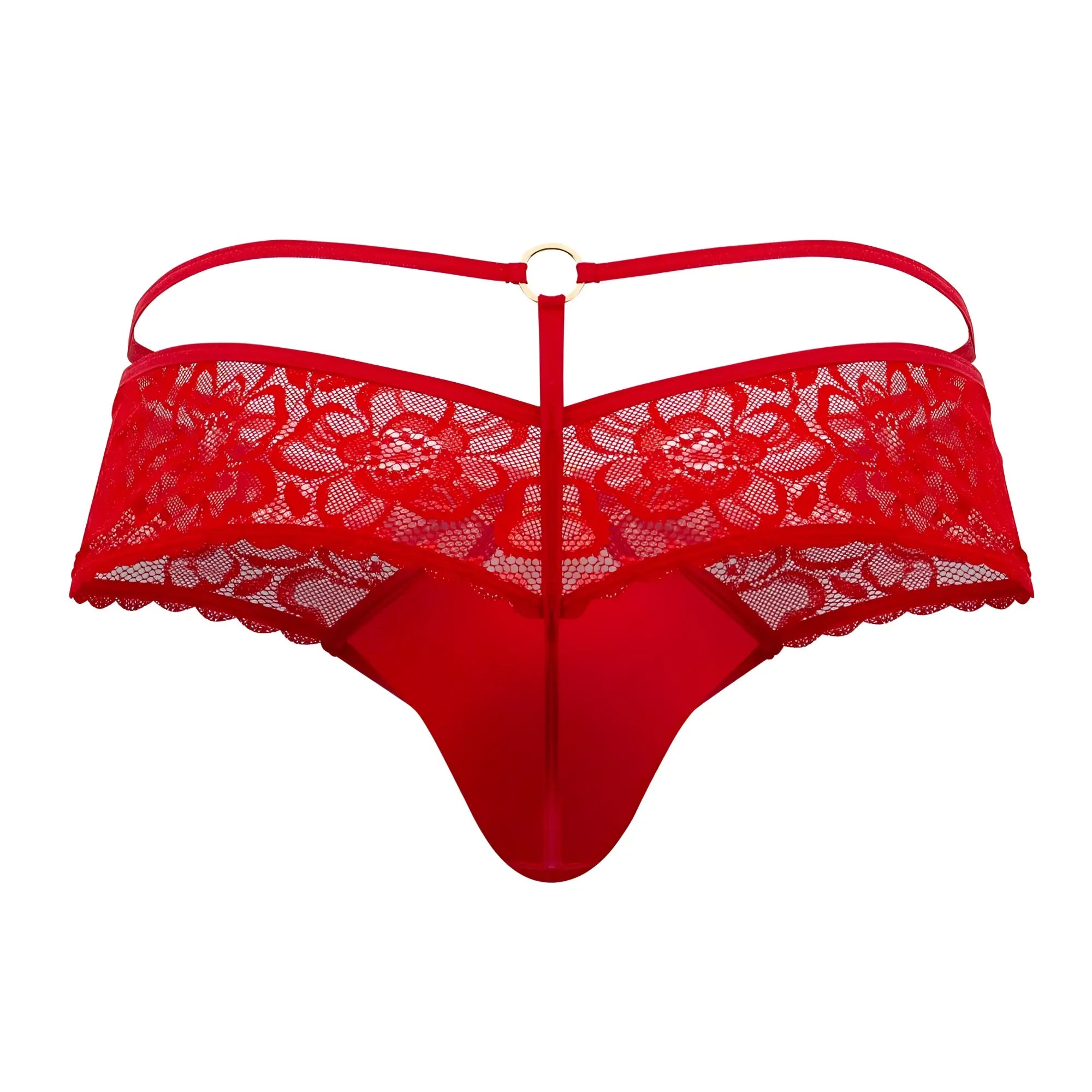 Back view of candyman 99647 lace thong in red with floral pattern and central metal ring detail