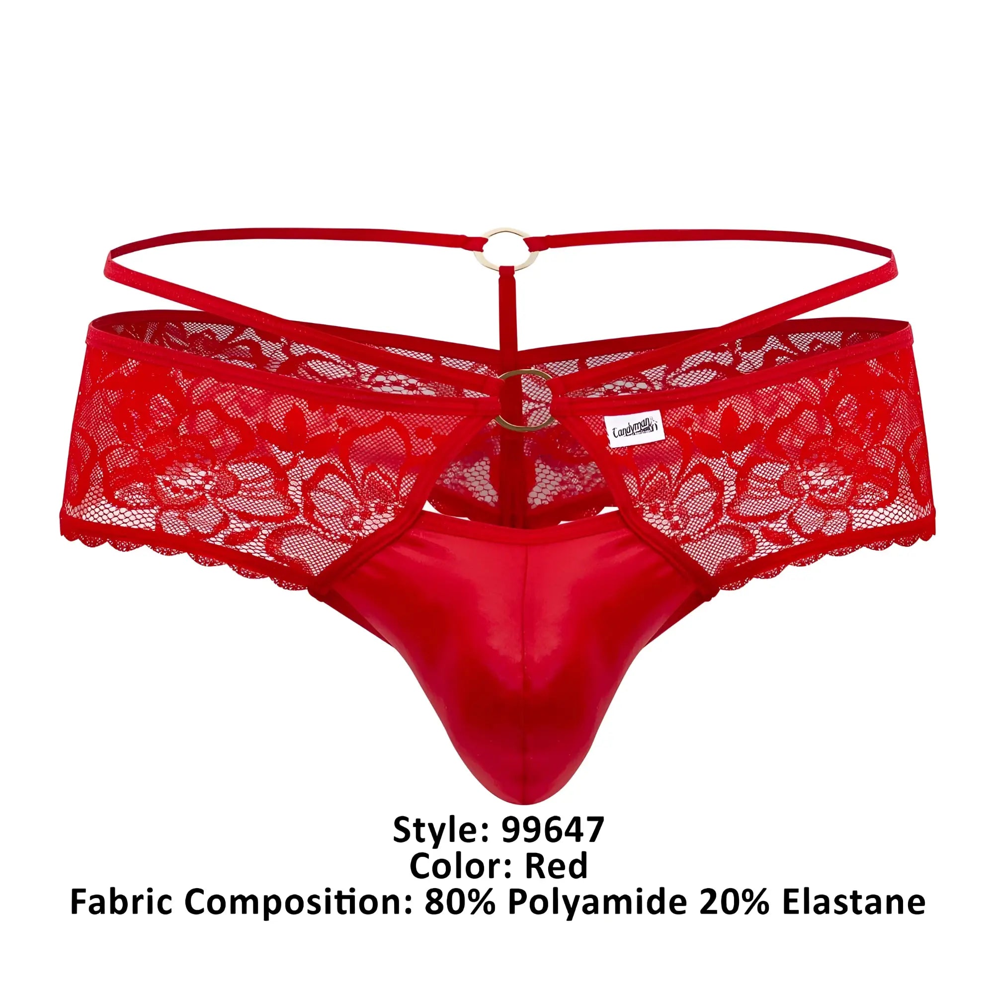 Red lace thong CandyMan 99647 with satin front and adjustable straps for comfortable fit in vibrant red color