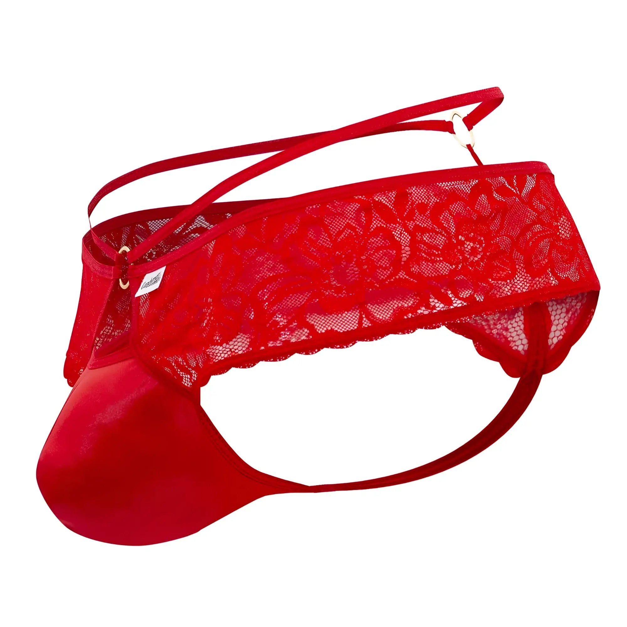 Red candyMan 99647 lace thong with satin front panel and adjustable straps for comfortable fit