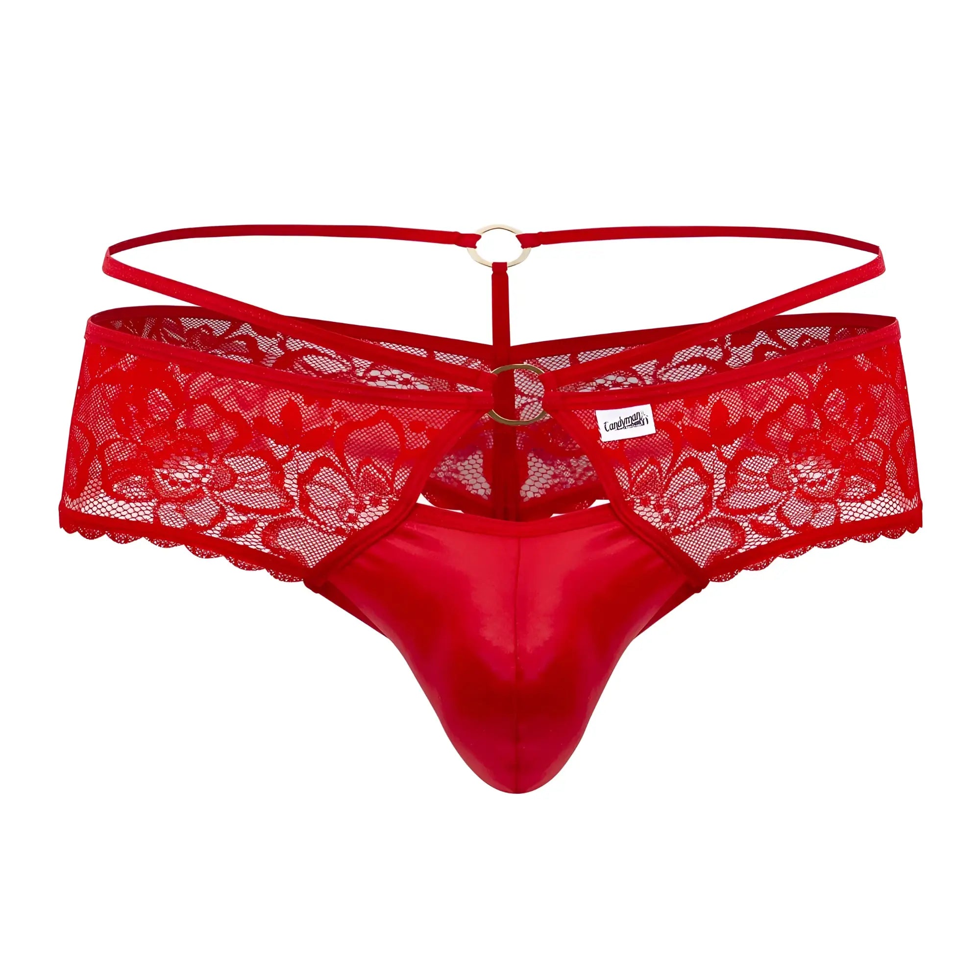CandyMan 99647 red lace thong with shiny satin front and adjustable straps for comfortable fit