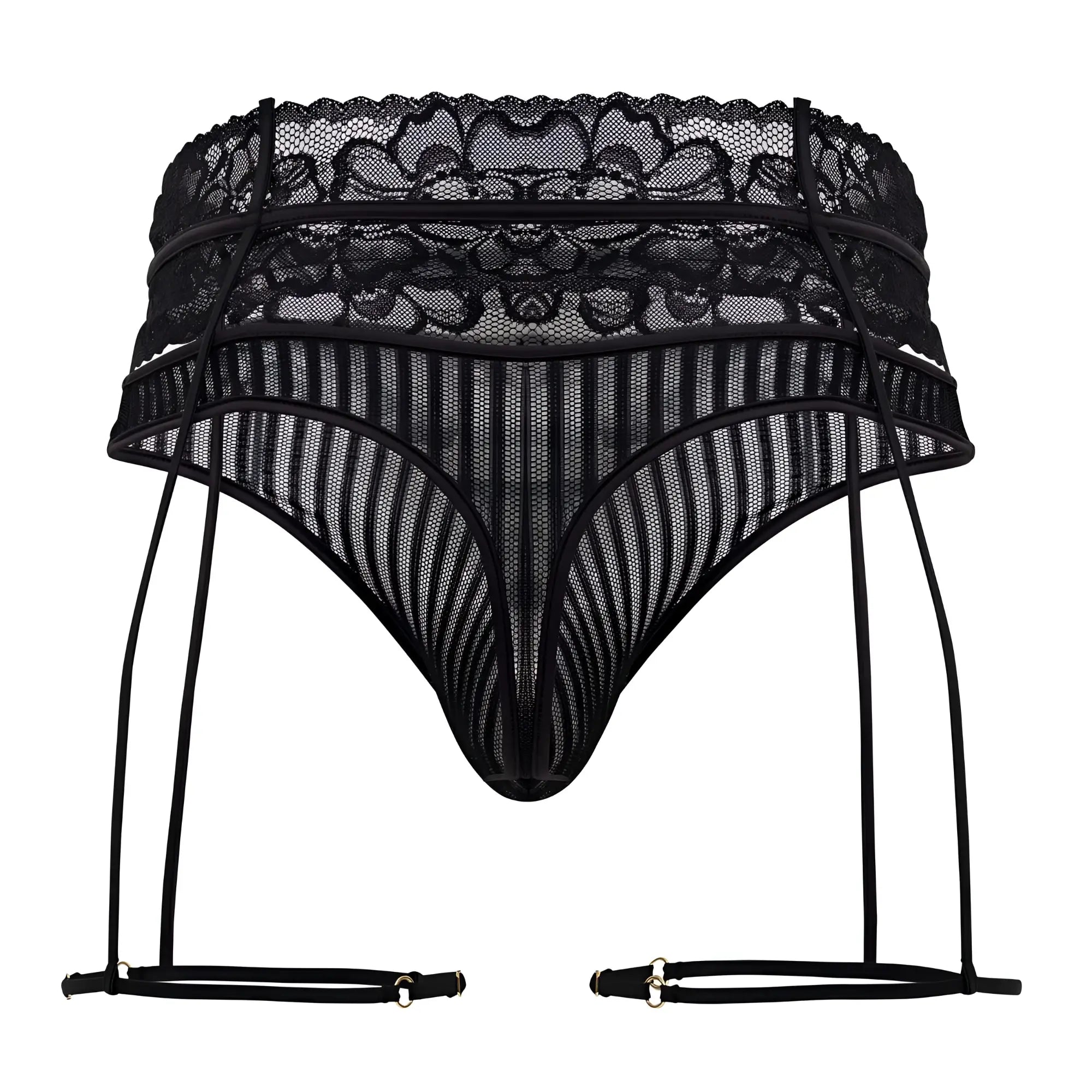 CandyMan 99648 black lace garter thong featuring sheer mesh front and decorative floral patterns