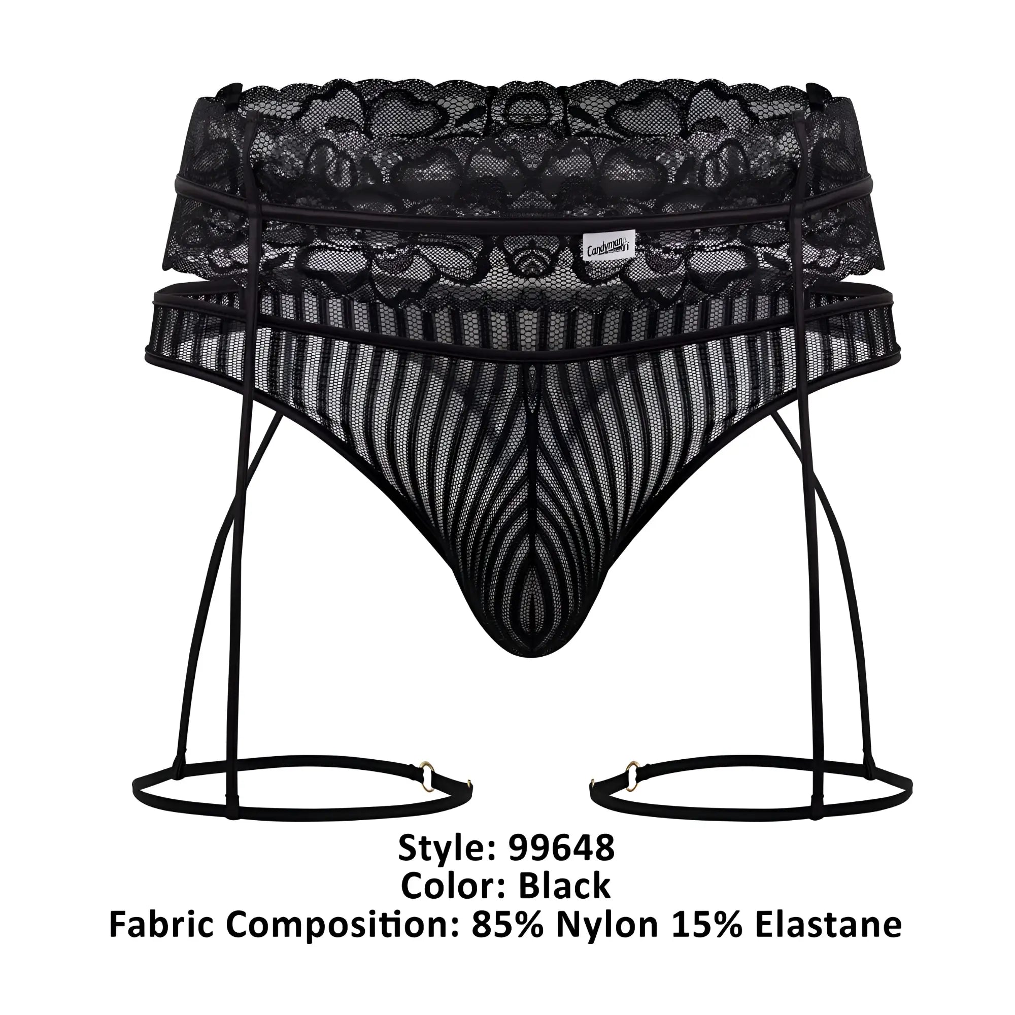 Black lace and mesh CandyMan 99648 garter thong set in black with striped pattern details