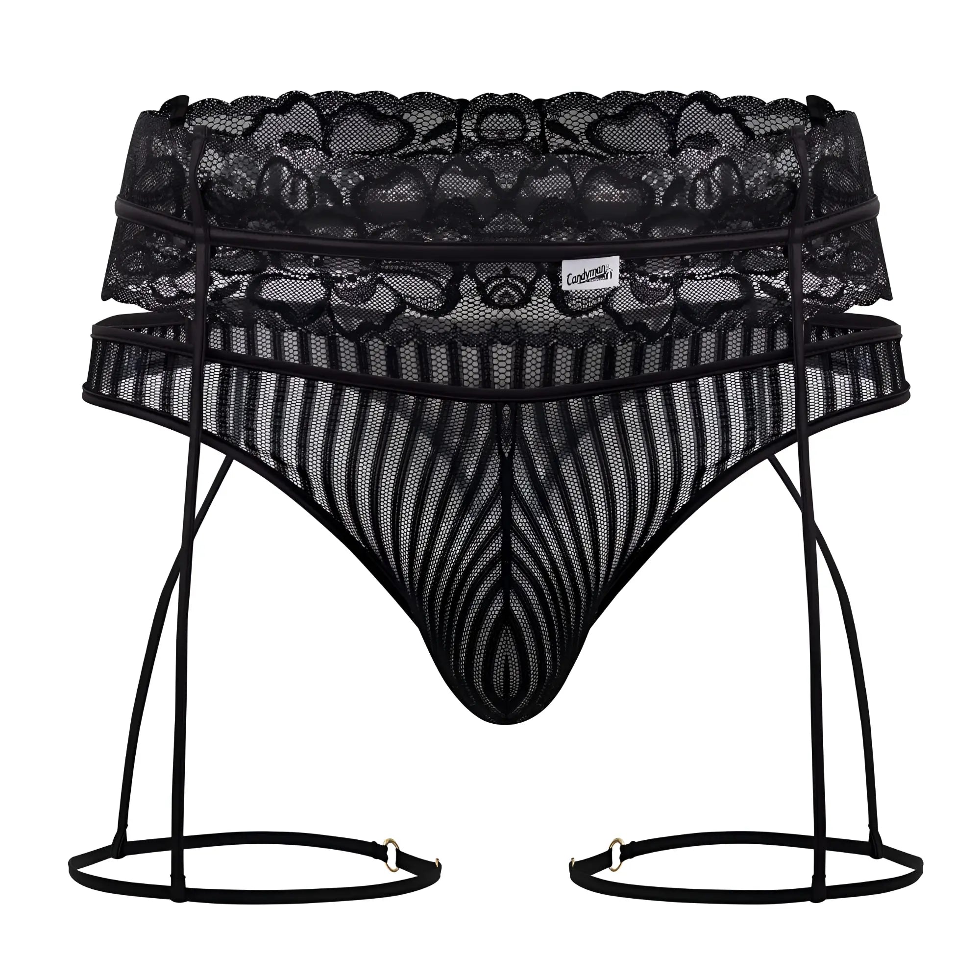 Black lace and mesh men’s lingerie set with suspenders candyMan 99648 garter thongs in black shown from front