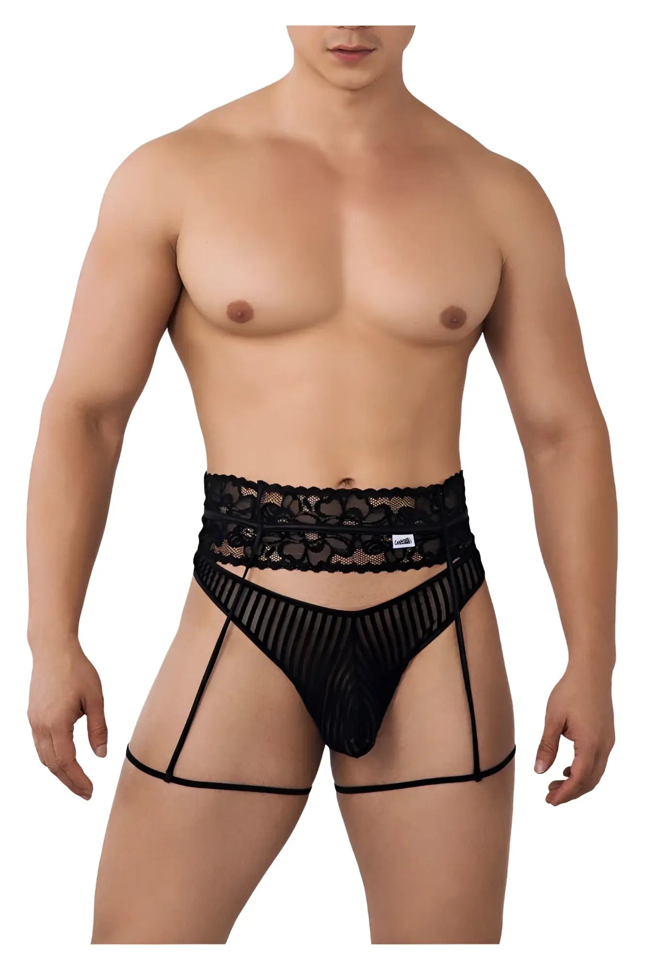 CandyMan 99648 black garter thongs with black lace trim sheer mesh and supportive straps for men