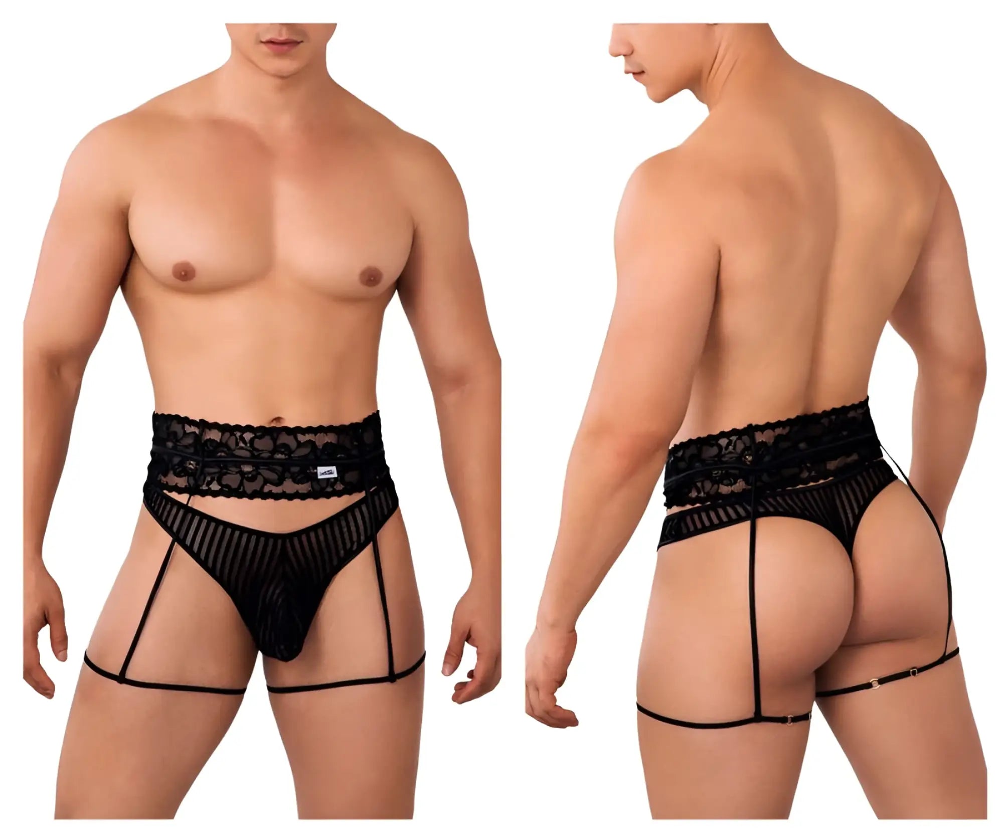 Black lace-trimmed mens sheer mesh briefs with side straps and back ties from candyman 99648 in black back view