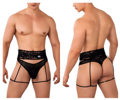 Black lace-trimmed mens sheer mesh briefs with side straps and back ties from candyman 99648 in black back view