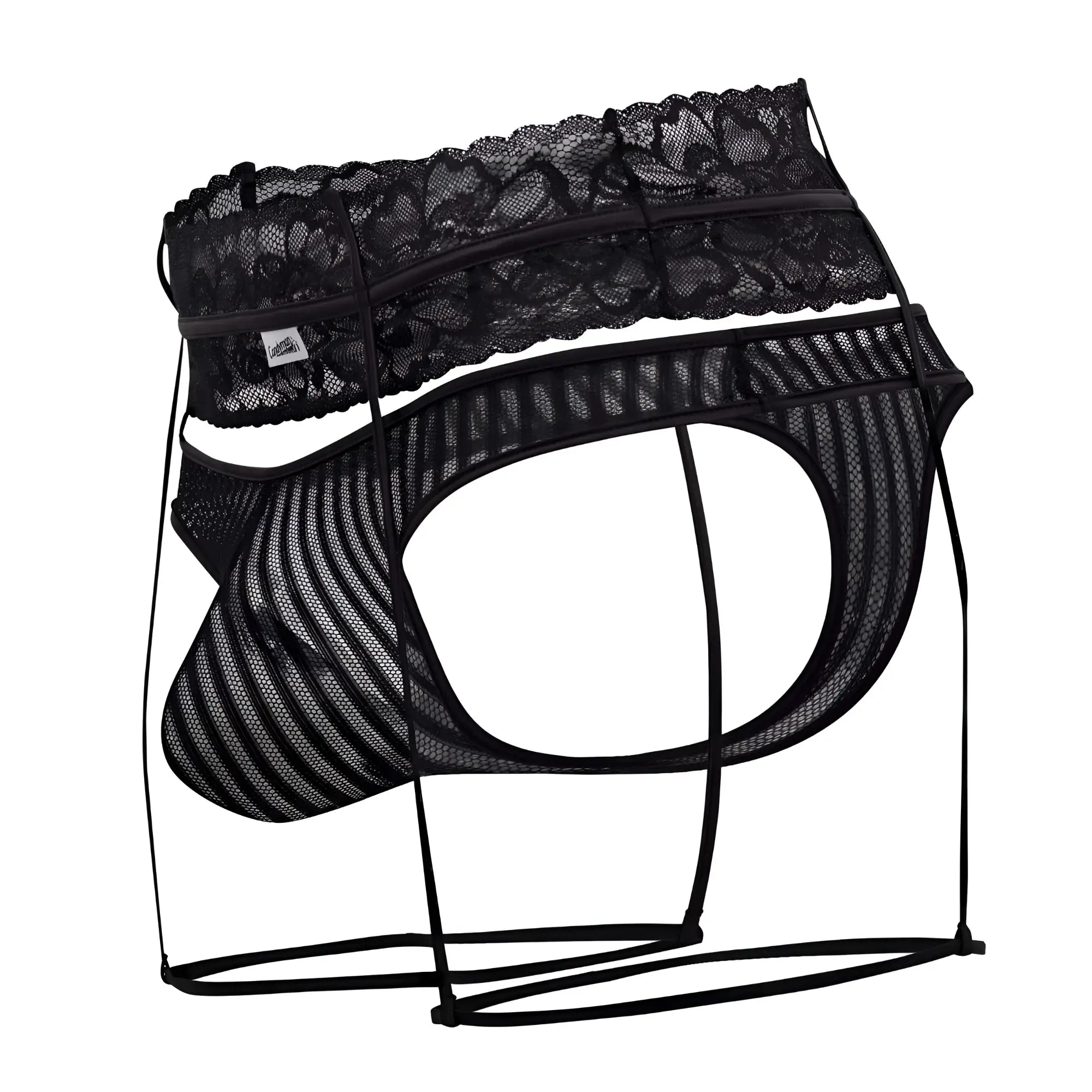 Black CandyMan 99648 garter thongs with lace-trimmed mesh and a supportive strappy design visible from the back