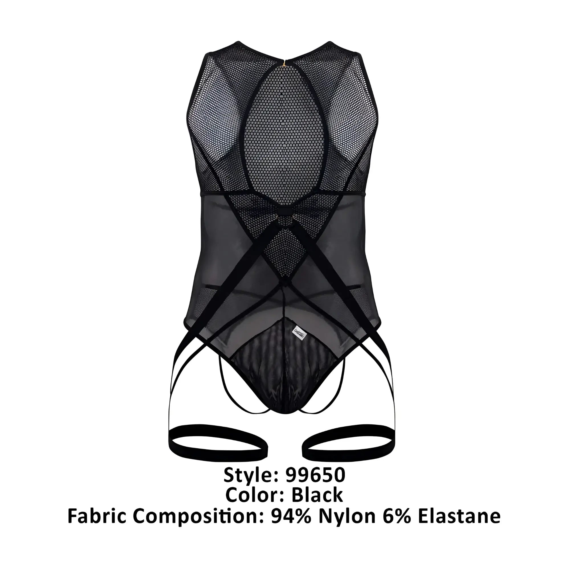 CandyMan 99650 mesh bodysuit in black with crisscross elastic straps and sheer form-fitting design