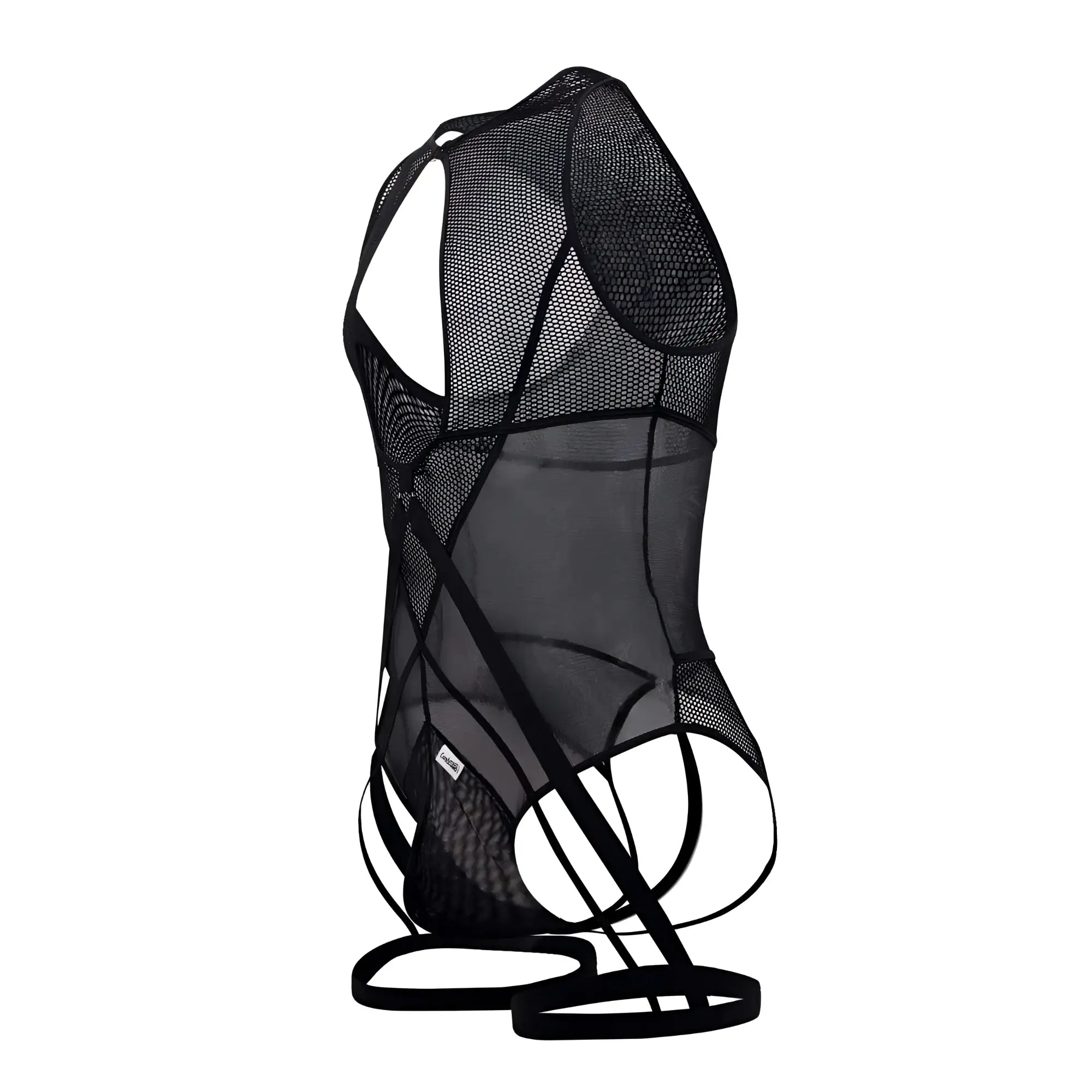Candyman 99650 black mesh bodysuit with intricate cut-out design and adjustable straps shown from the back side